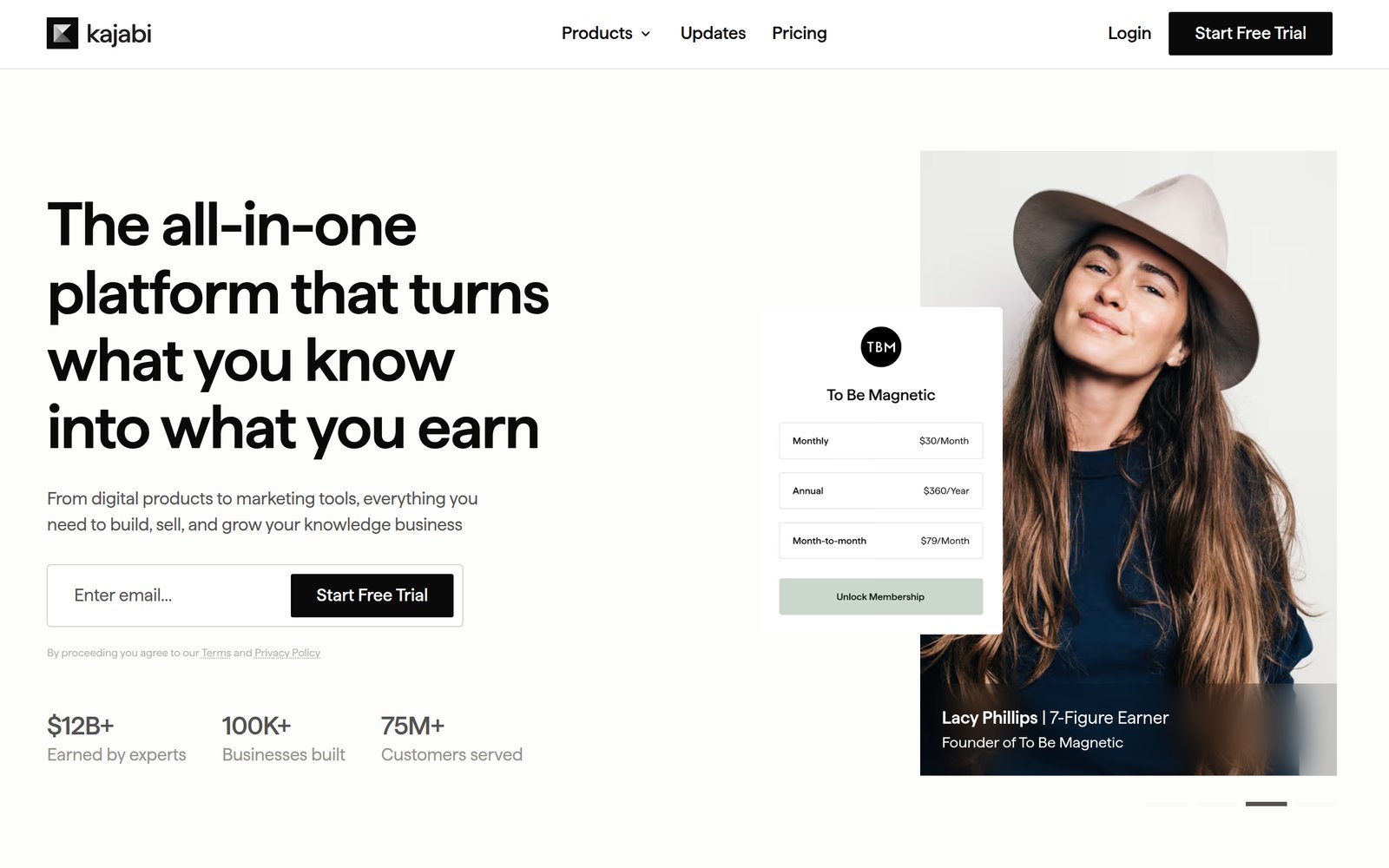 Kajabi homepage showing the all-in-one platform headline and a membership checkout card