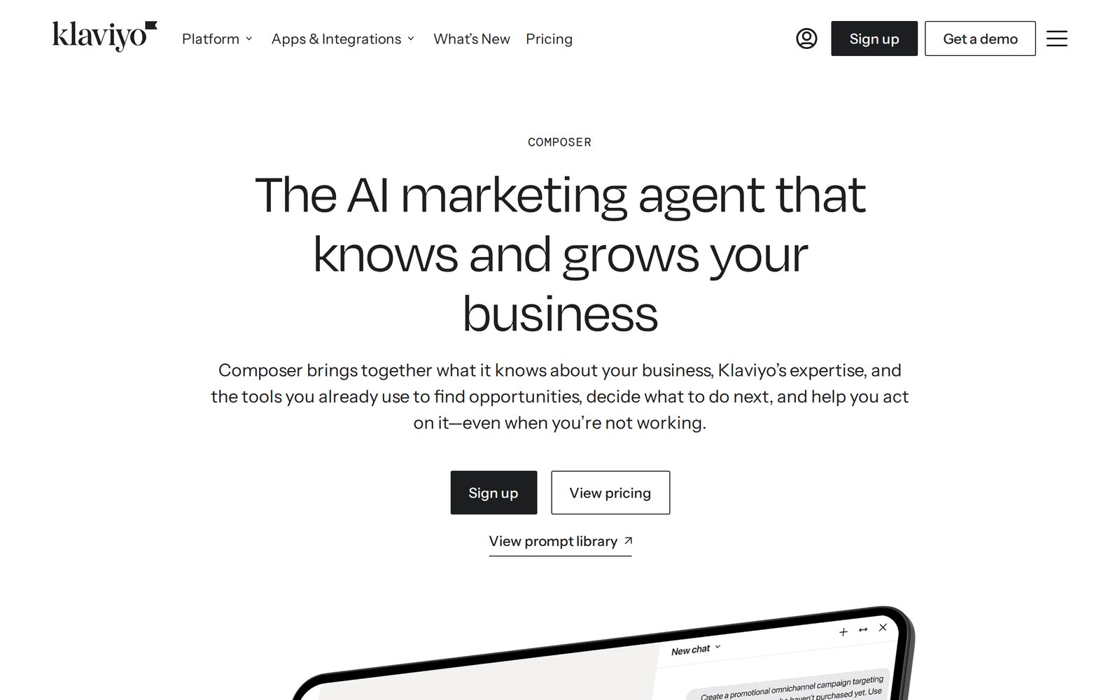Klaviyo Composer page describing an AI marketing agent that knows and grows your business