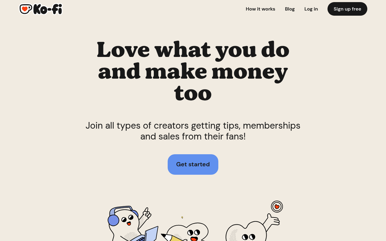 Ko-fi homepage showing its tips, commissions, and low-cost membership tools