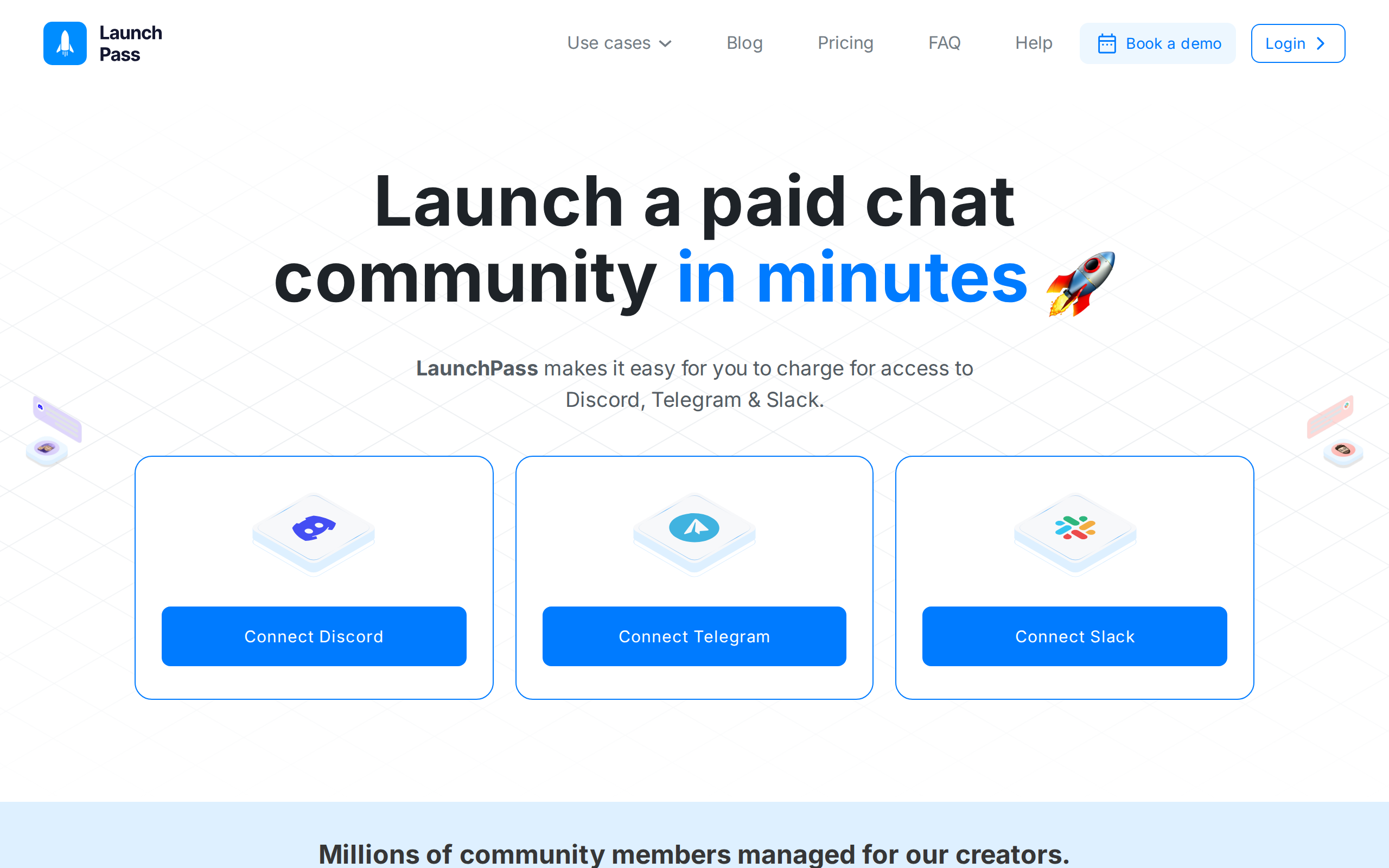 LaunchPass homepage showing paid Telegram, Discord, and Slack community setup