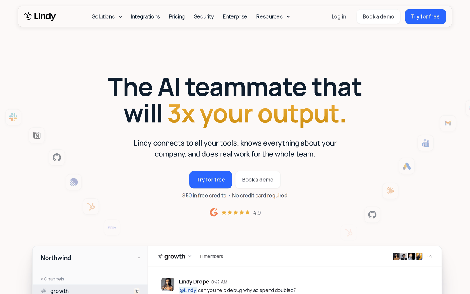 Lindy homepage: the AI teammate that will 3x your output, with $50 in free credits and a 4.9 G2 rating