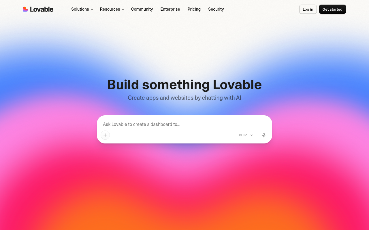 Lovable AI app builder homepage showing chat-to-app interface