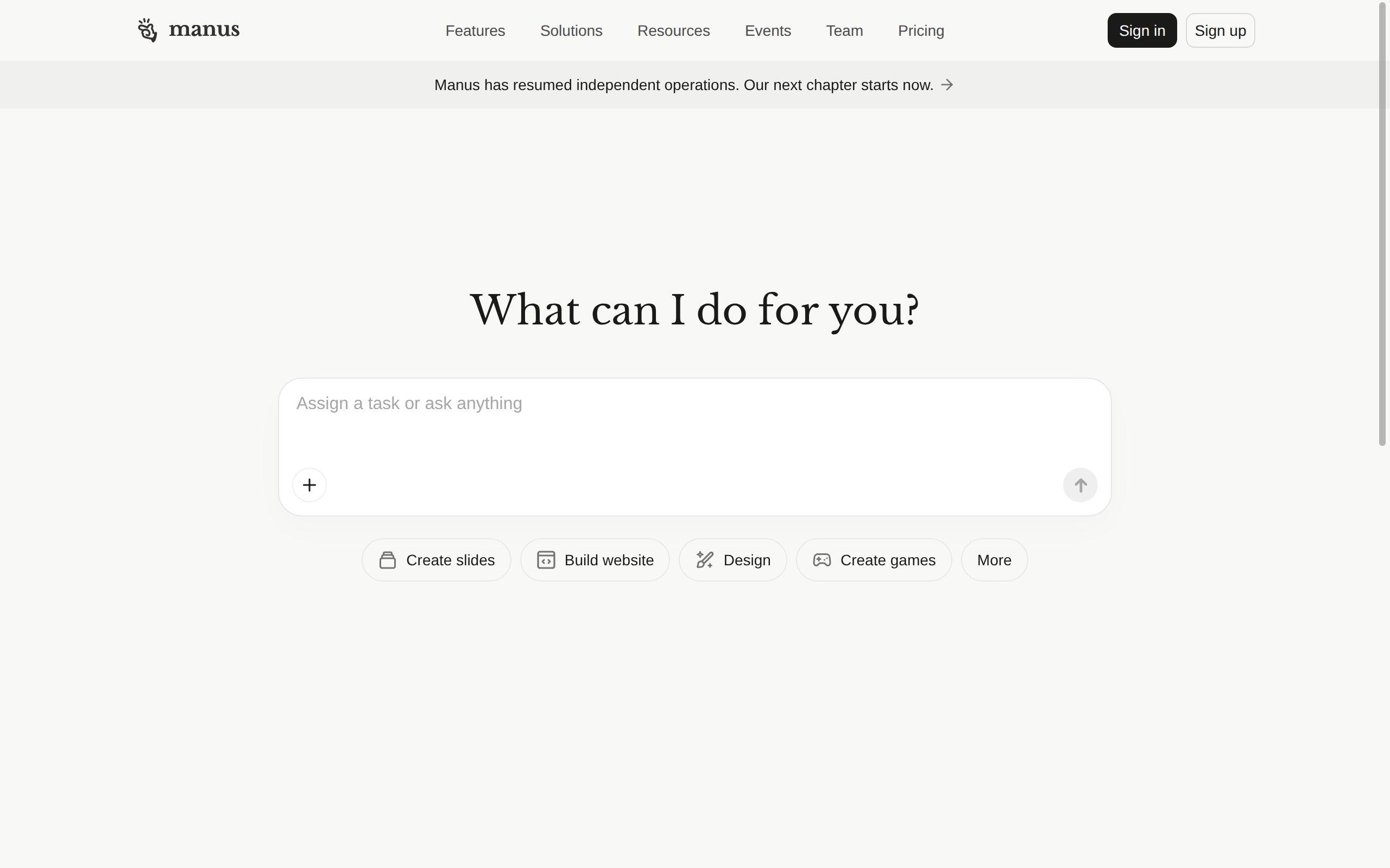 Manus homepage showing the general AI agent