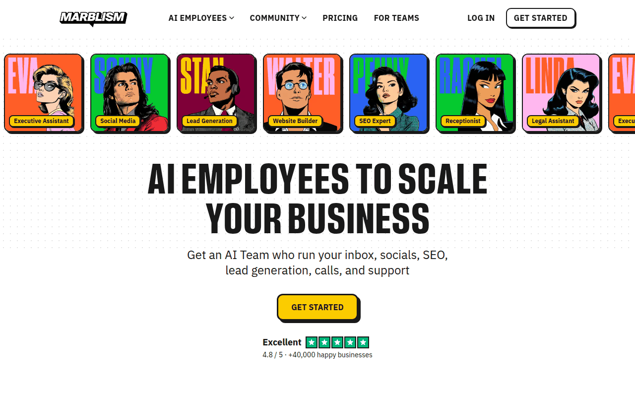 Marblism homepage: AI employees to scale your business, with Eva, Sonny, Stan, Walter, Penny, Rachel, and Linda