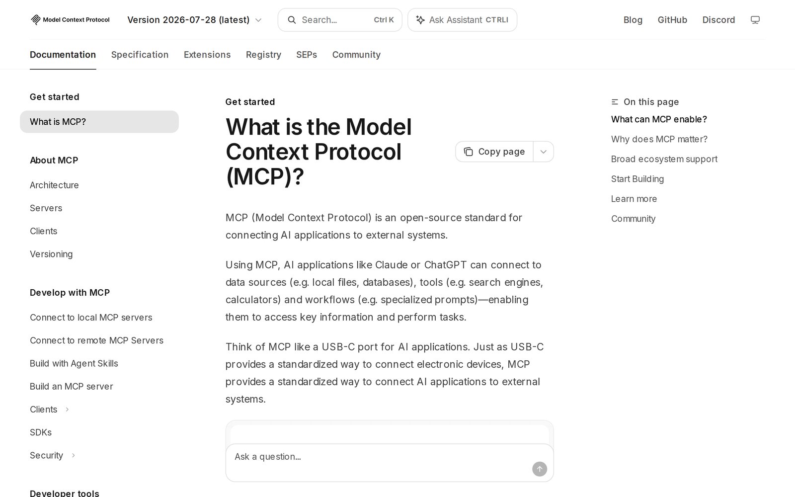 Model Context Protocol documentation introducing MCP as an open-source standard for connecting AI applications to external systems
