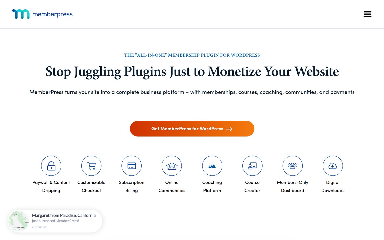 MemberPress homepage describing the all-in-one membership plugin for WordPress