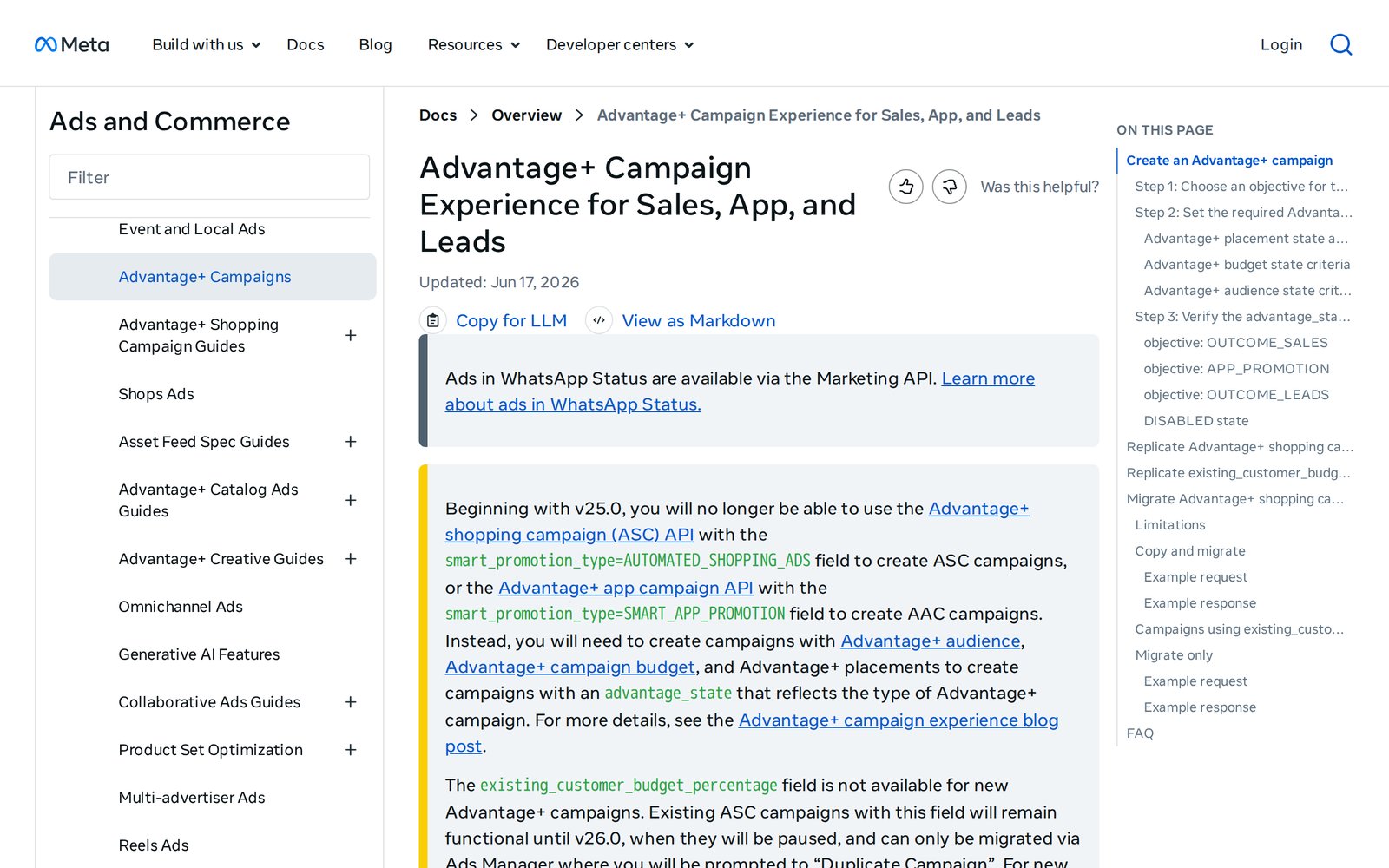 Meta developer documentation for the Advantage+ campaign experience for sales, app, and leads campaigns