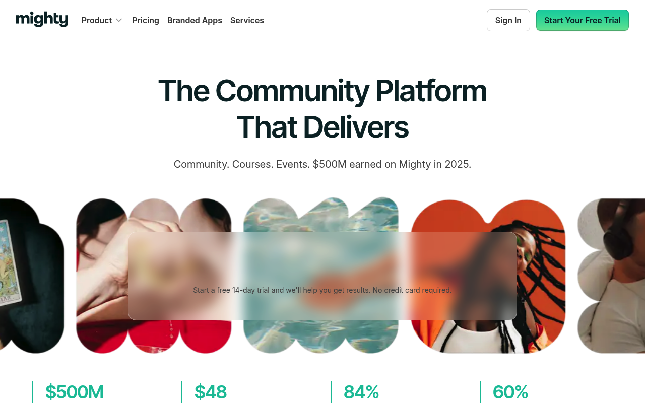 Mighty Networks homepage showing community, course, and event tooling with member outcome figures
