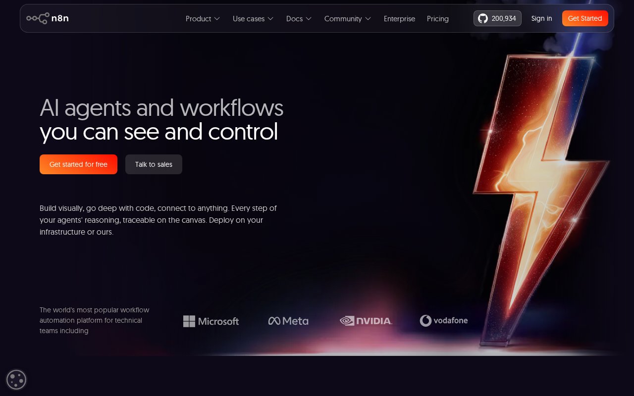 n8n homepage showing AI agents and workflows you can see and control