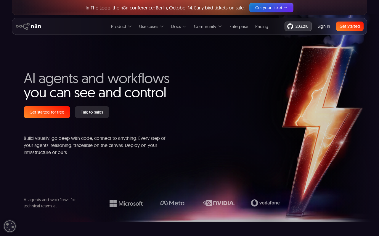 n8n homepage showing AI agents and workflows you can see and control