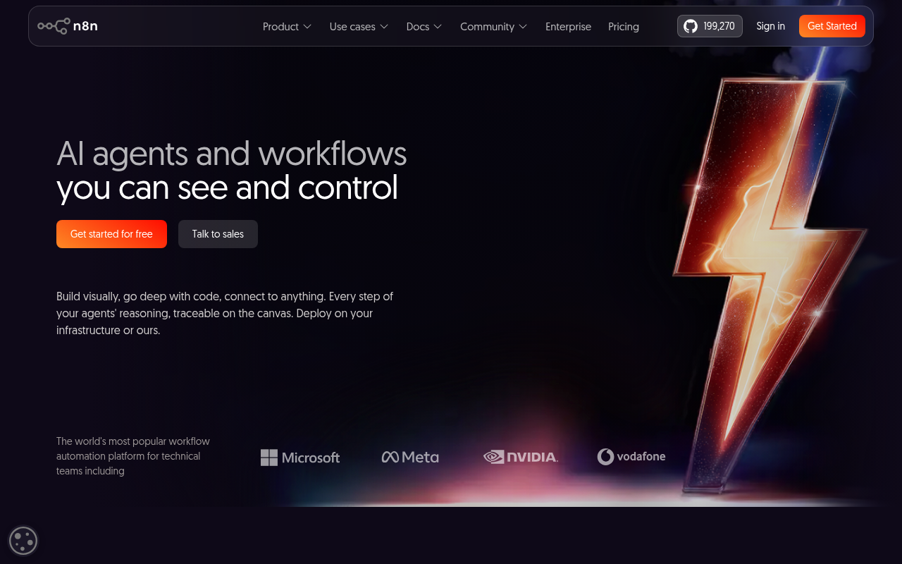n8n homepage showing the workflow automation platform