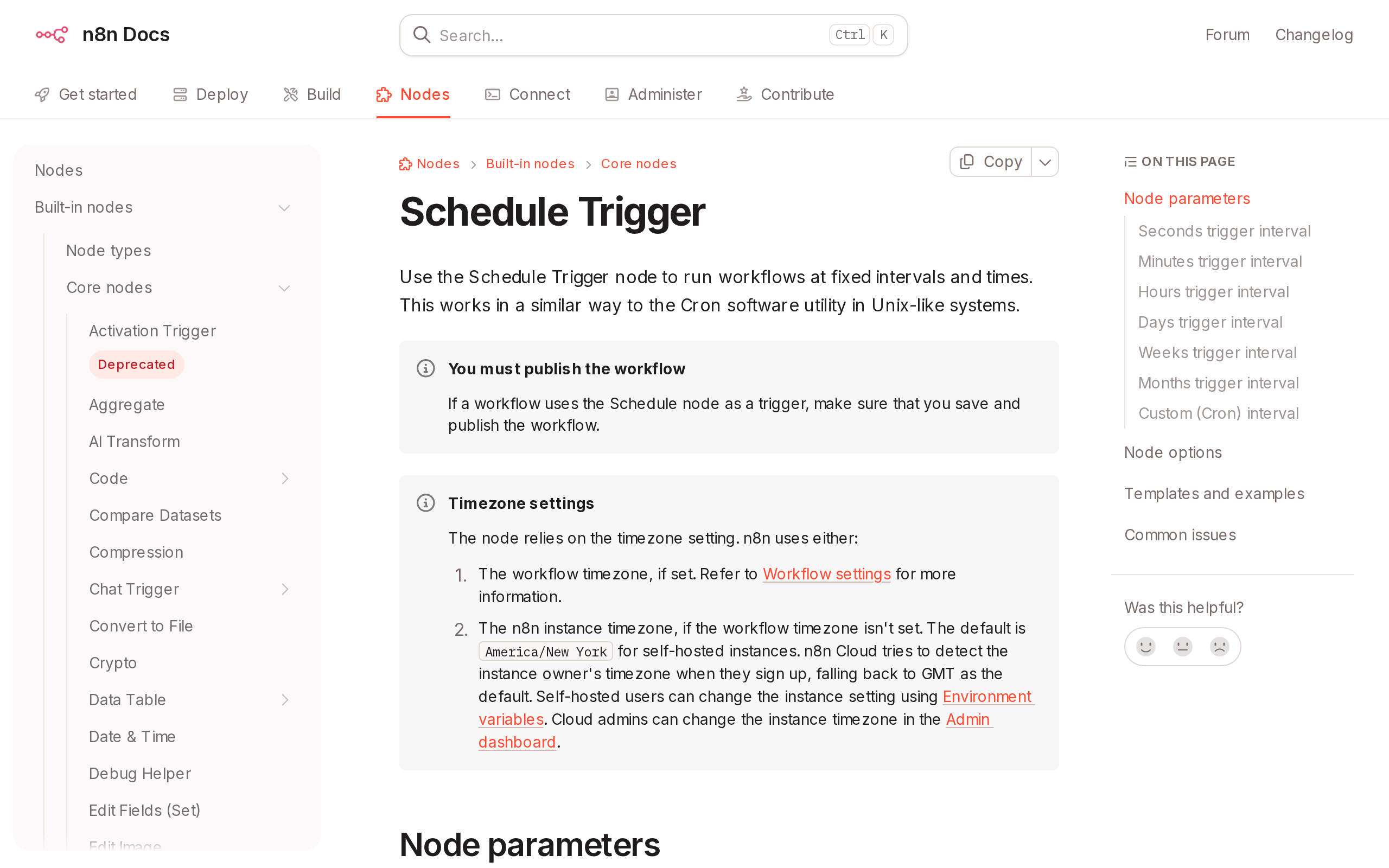 n8n documentation for the Schedule Trigger node, which runs workflows at fixed intervals and times