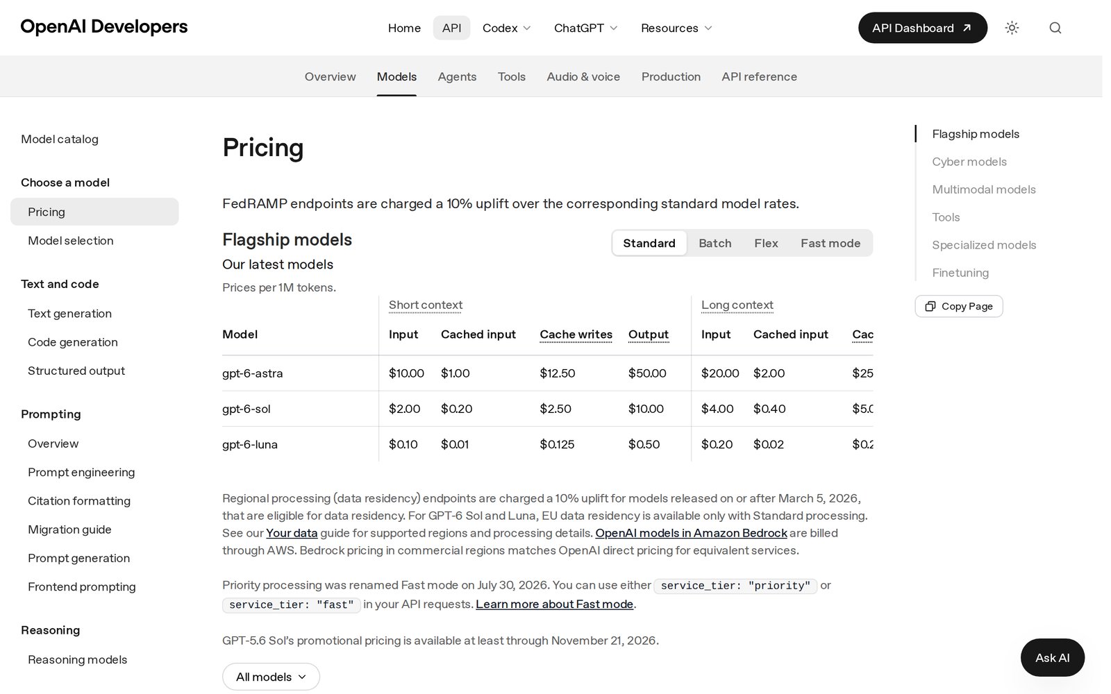 OpenAI API pricing page showing standard per-million-token rates for GPT-6 Astra, Sol, and Luna, including cached input and cache write prices