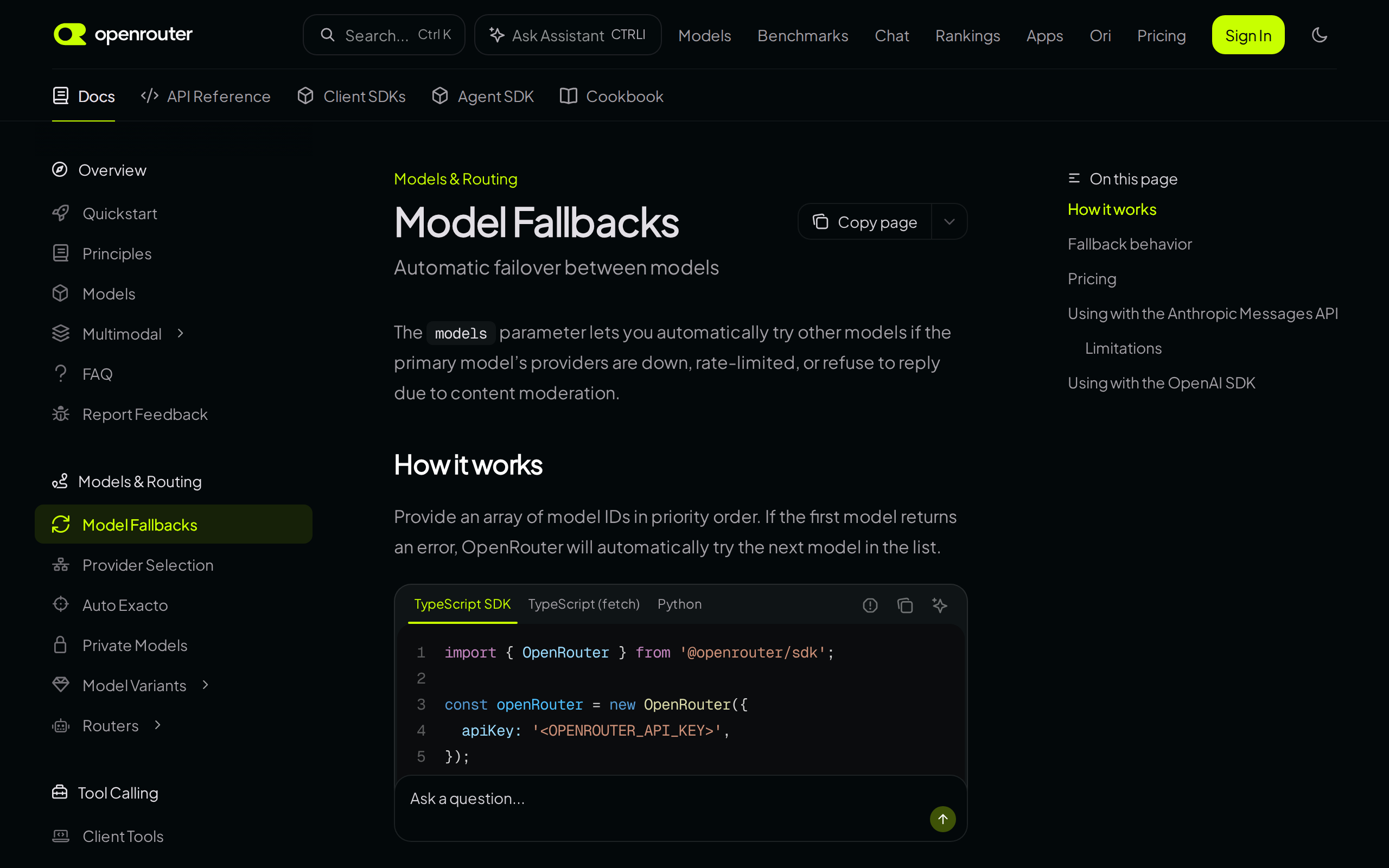 OpenRouter documentation page for Model Fallbacks explaining that the models parameter automatically tries other models if the primary model's providers are down, rate-limited, or refuse to reply