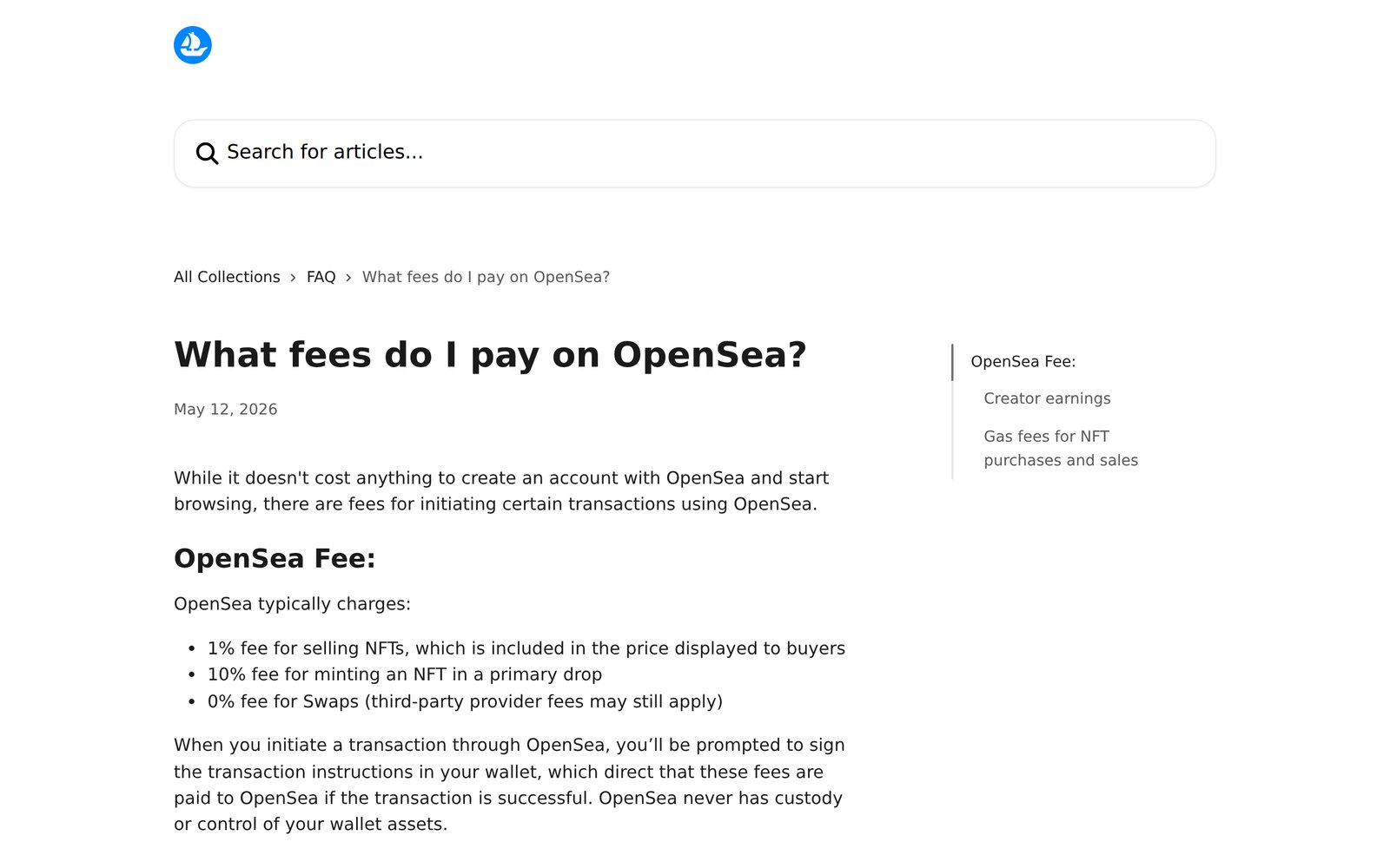 OpenSea help center article listing its fees for selling and minting NFTs