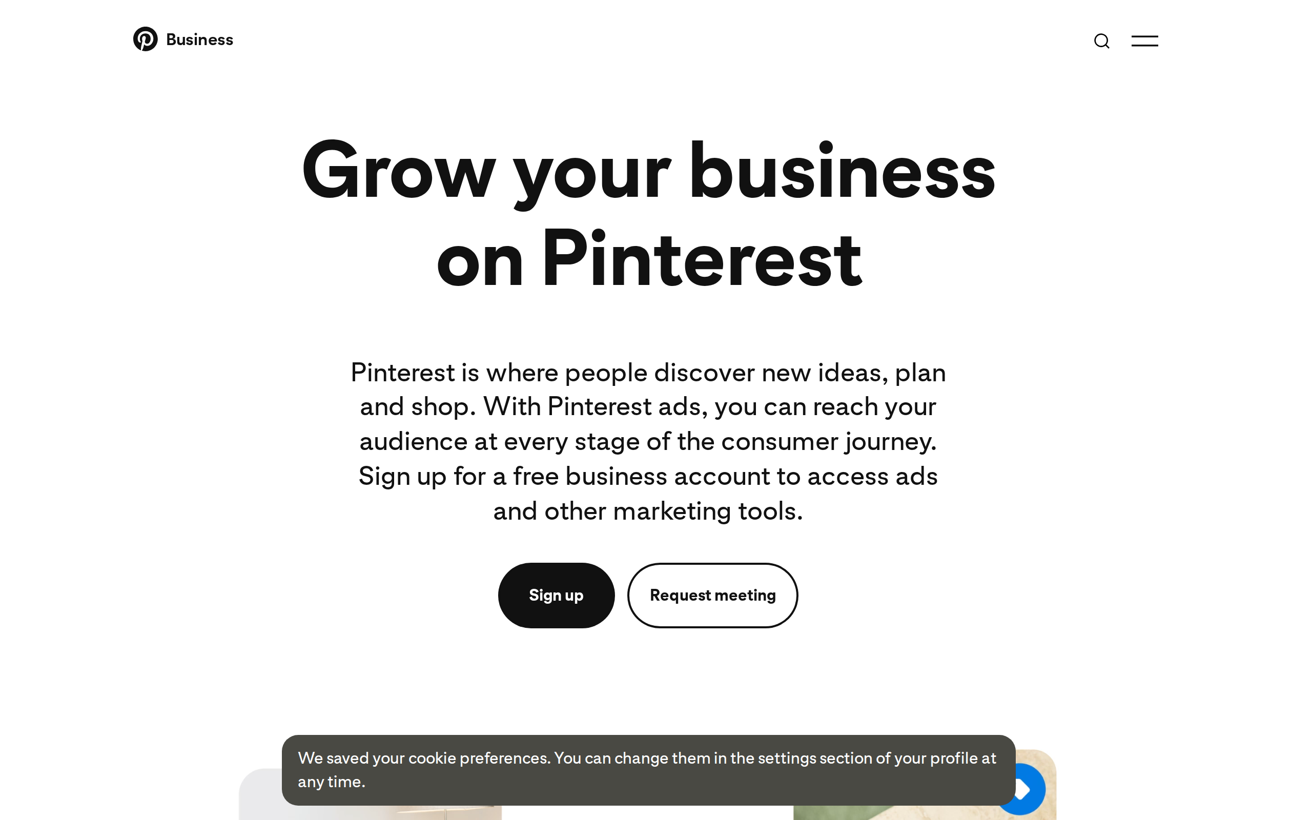 Pinterest for Business homepage, where a free business account is created to unlock analytics and ads