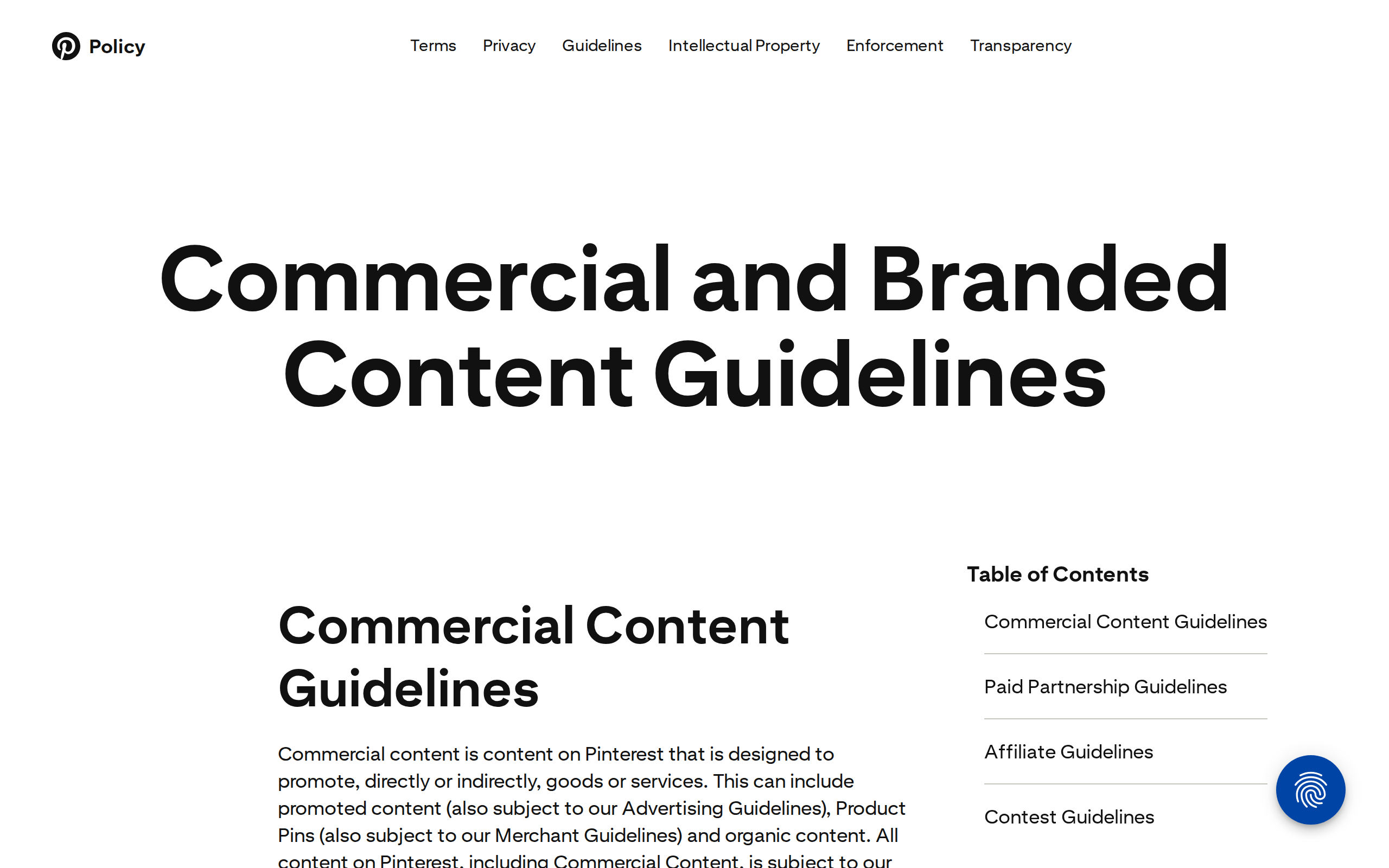 Pinterest's commercial and branded content guidelines page, listing the affiliate and paid partnership rules