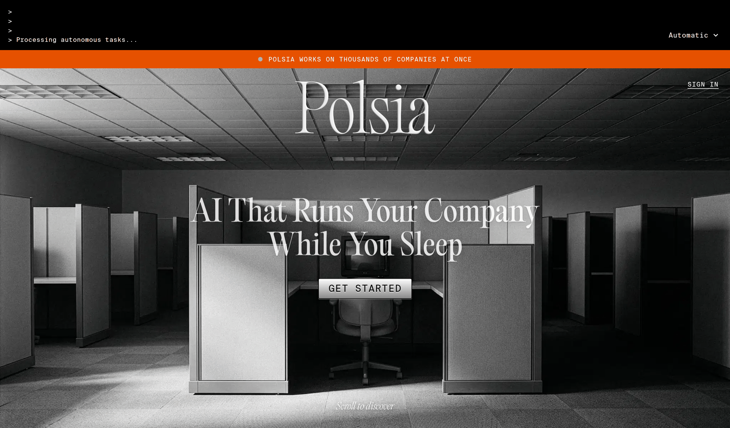 Polsia homepage showing autonomous AI company platform with multi-agent design