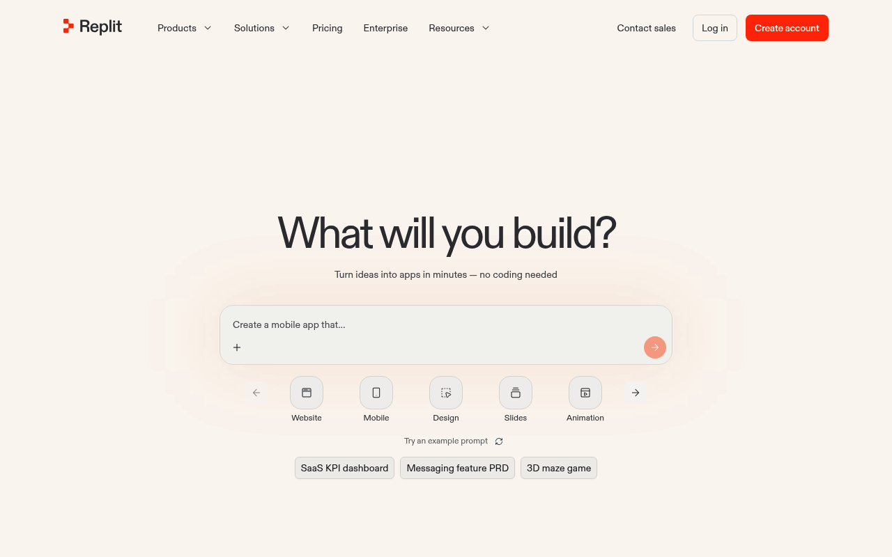 Replit homepage: what will you build, turn ideas into apps in minutes, no coding needed