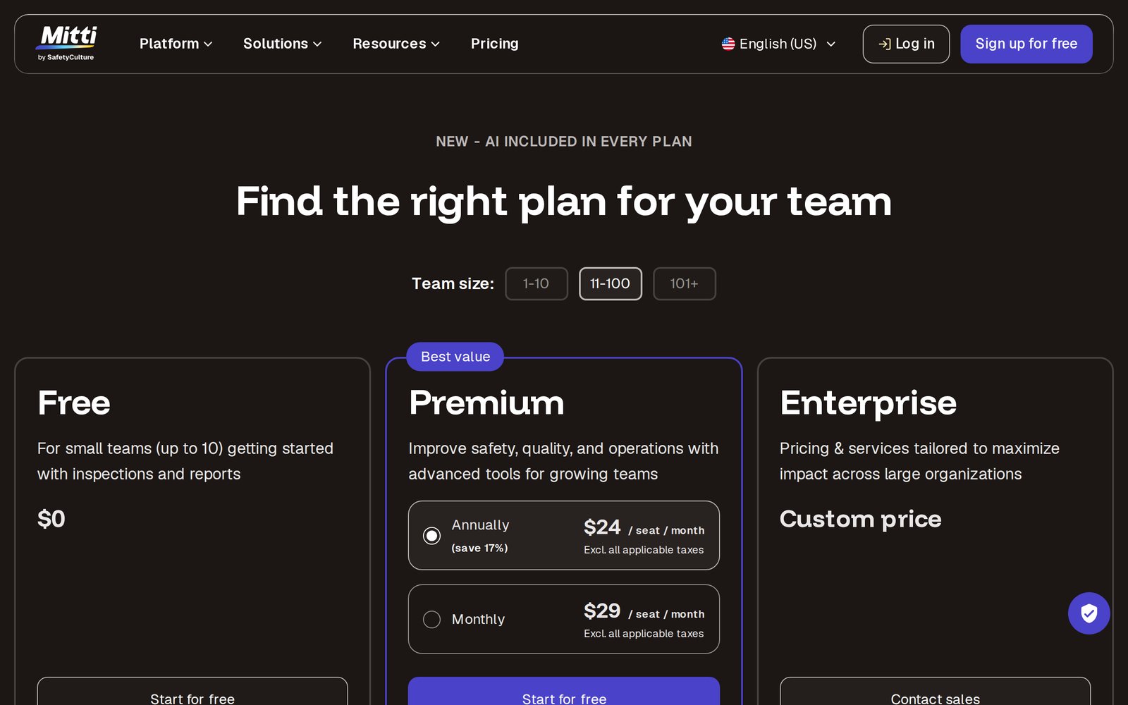 SC Training pricing page showing its Free, Premium, and Enterprise plans