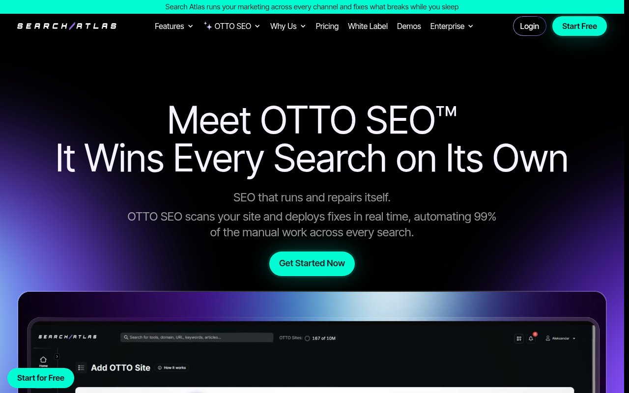Search Atlas page introducing OTTO SEO, which scans your site and deploys fixes in real time