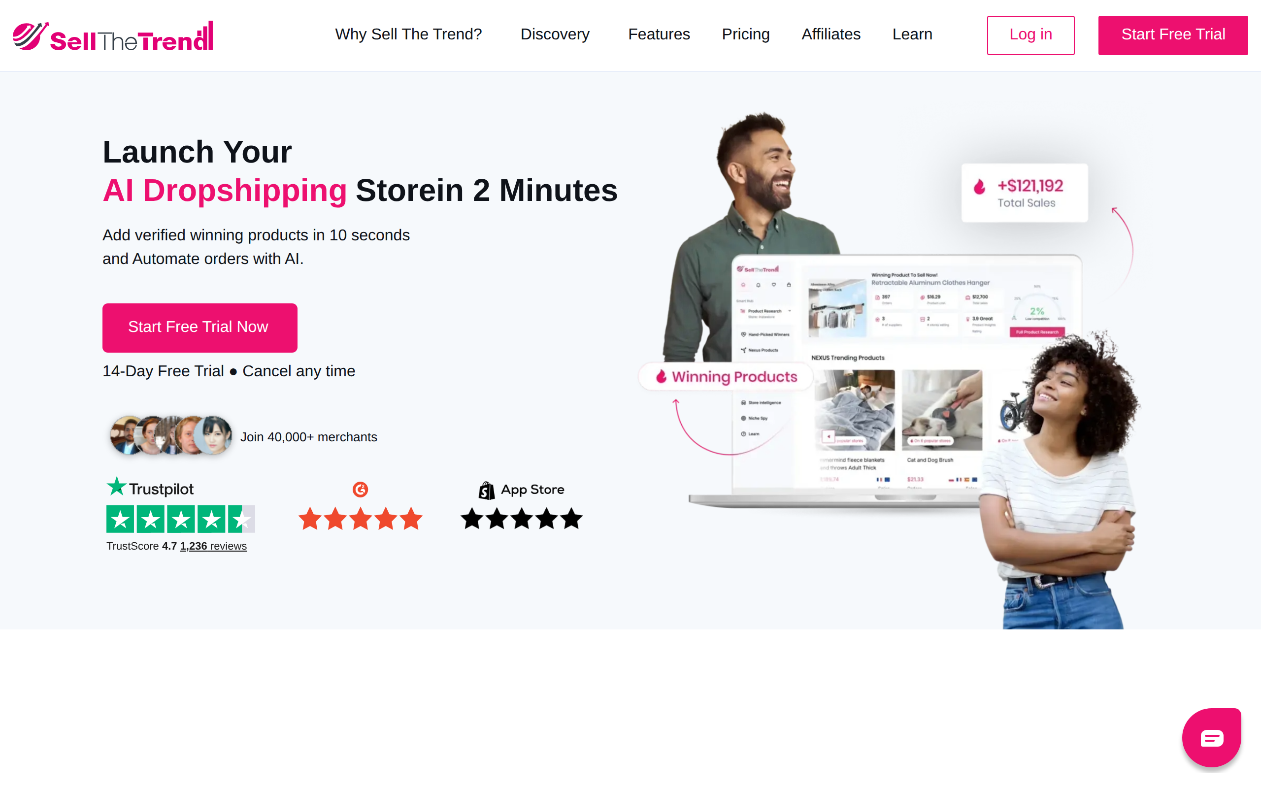 Sell The Trend's homepage, a product research tool that surfaces trending dropshipping items