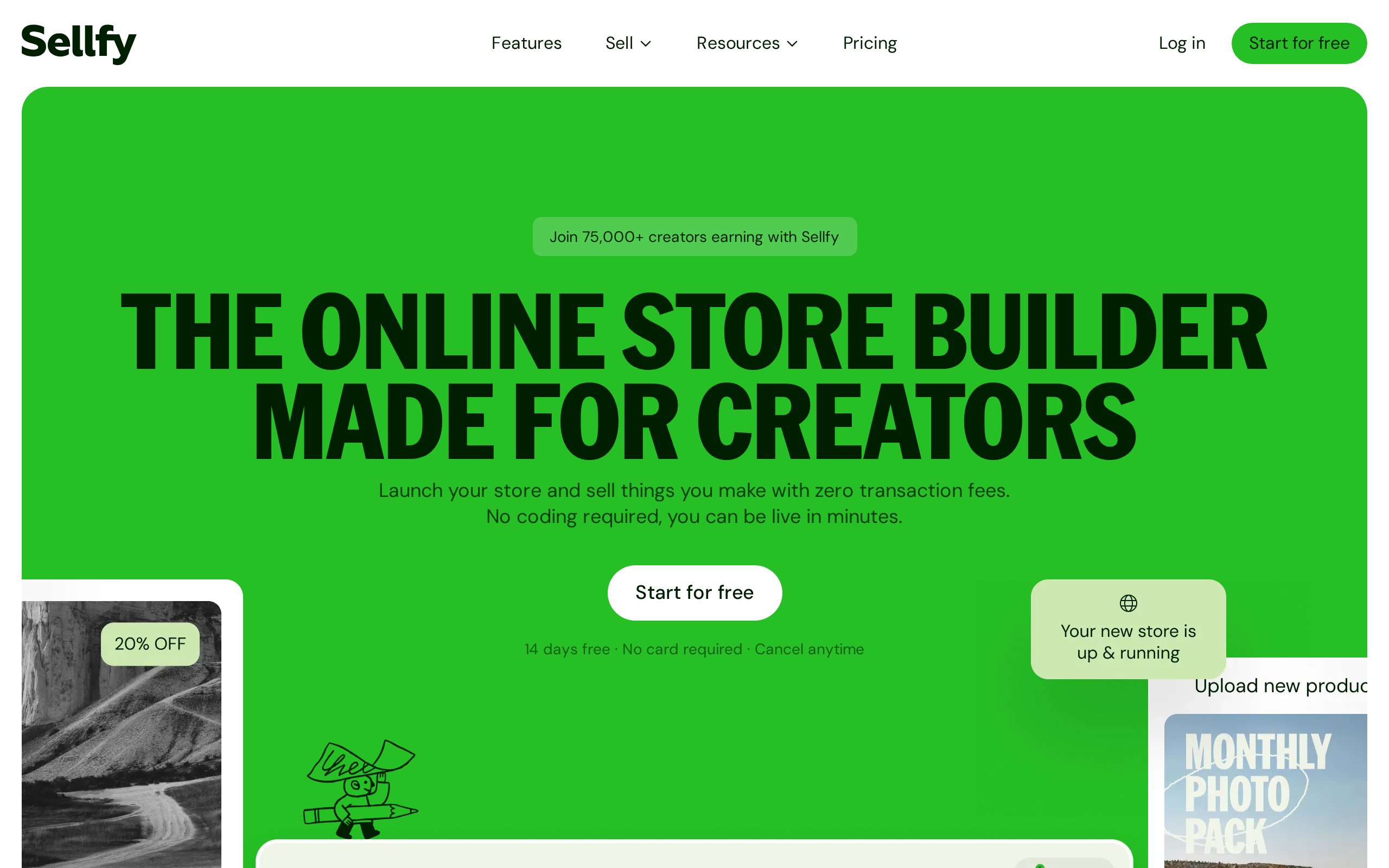 Sellfy's homepage, an online store builder aimed at creators selling digital downloads