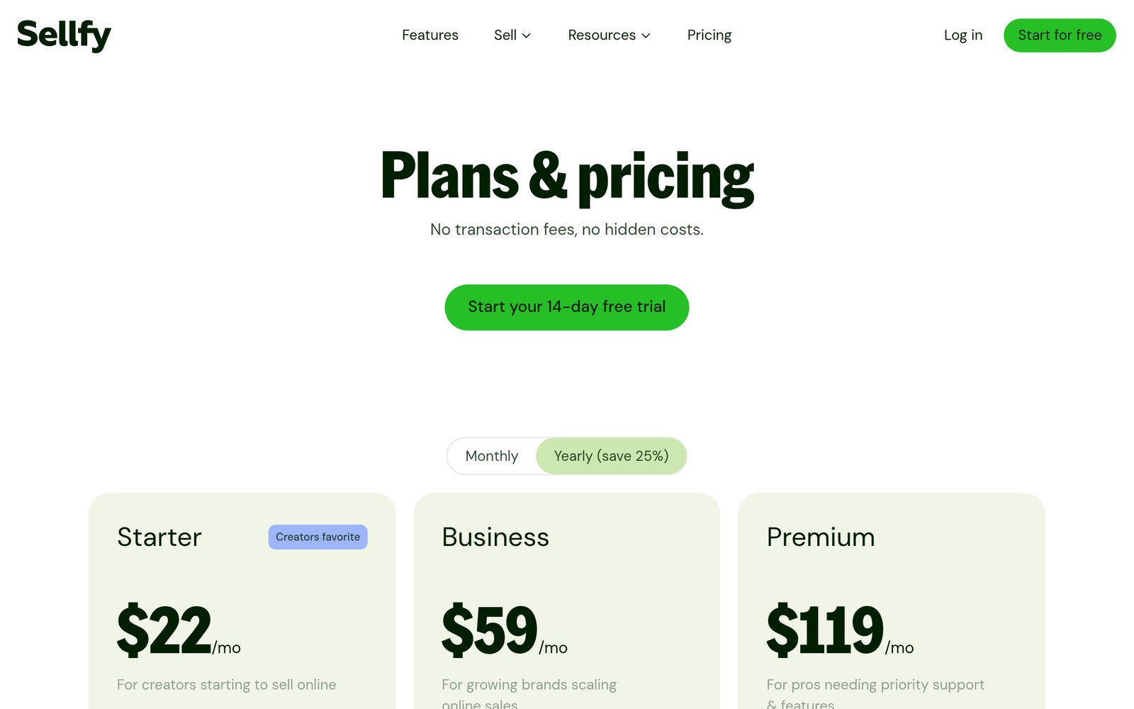 Sellfy pricing page showing Starter at $22/mo, Business at $59/mo, and Premium at $119/mo
