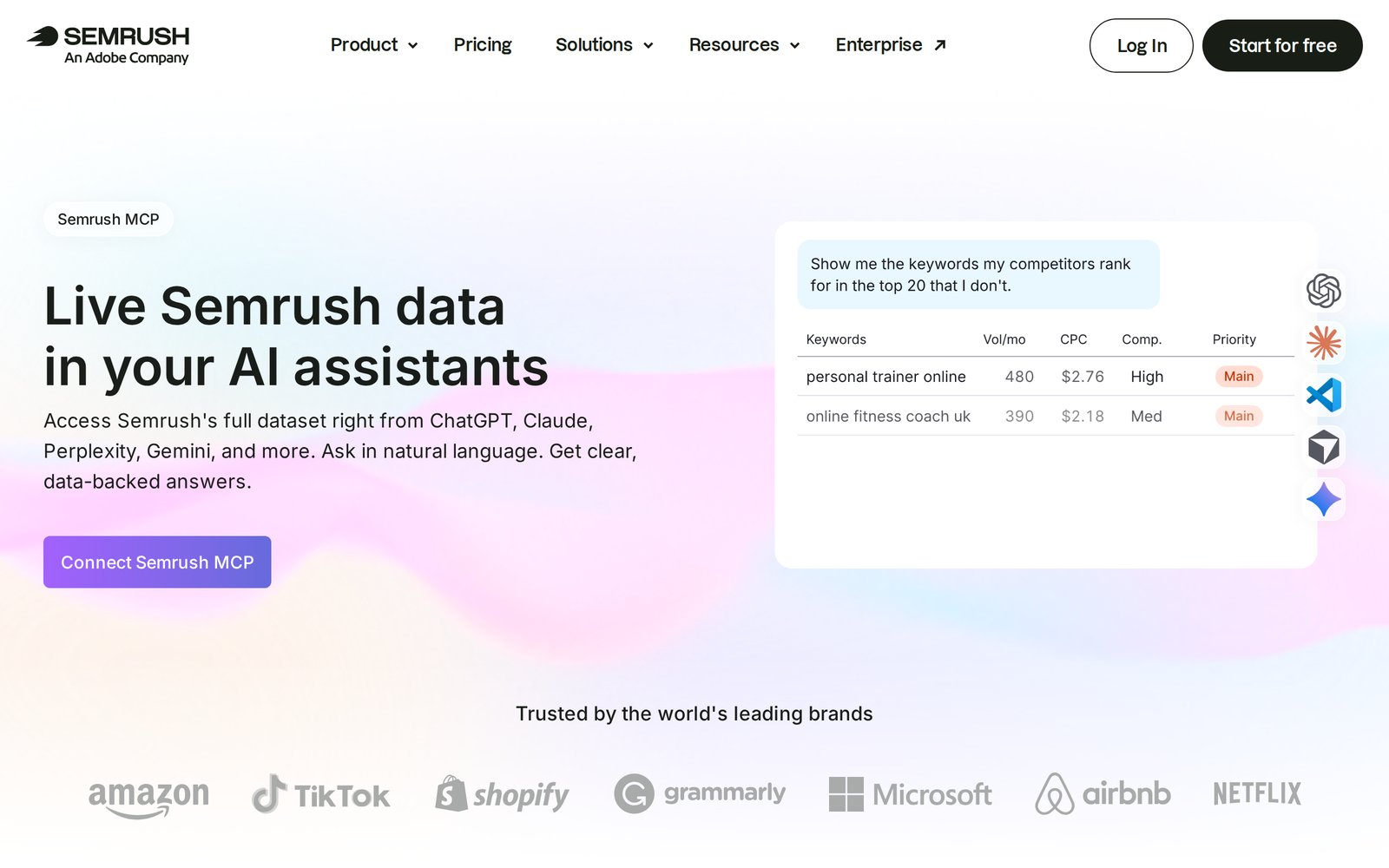 Semrush MCP page with the headline Live Semrush data in your AI assistants