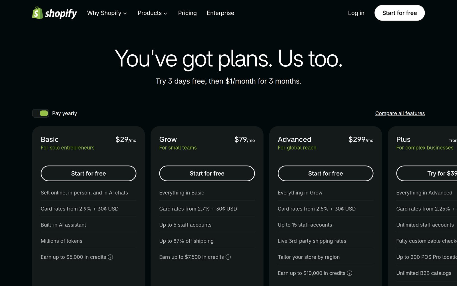 Shopify pricing page showing the Basic, Grow, Advanced and Plus plans with monthly prices