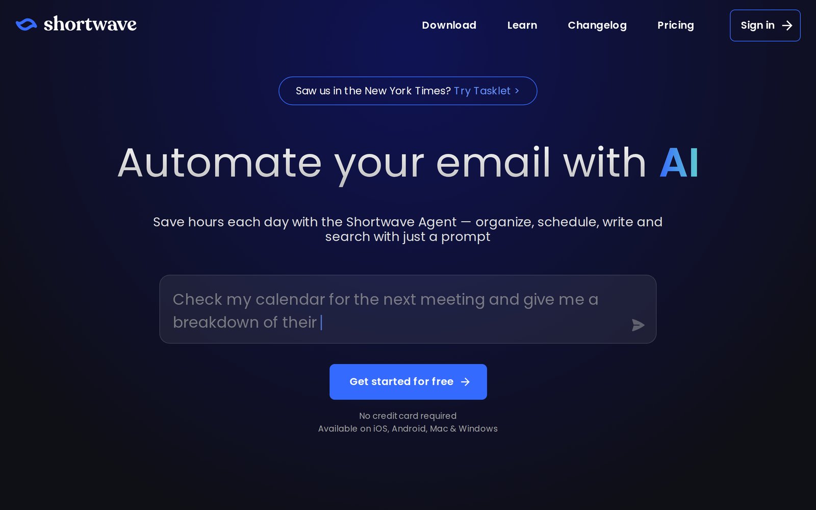 Shortwave homepage, an AI email client with an agent that organizes, schedules, and writes email