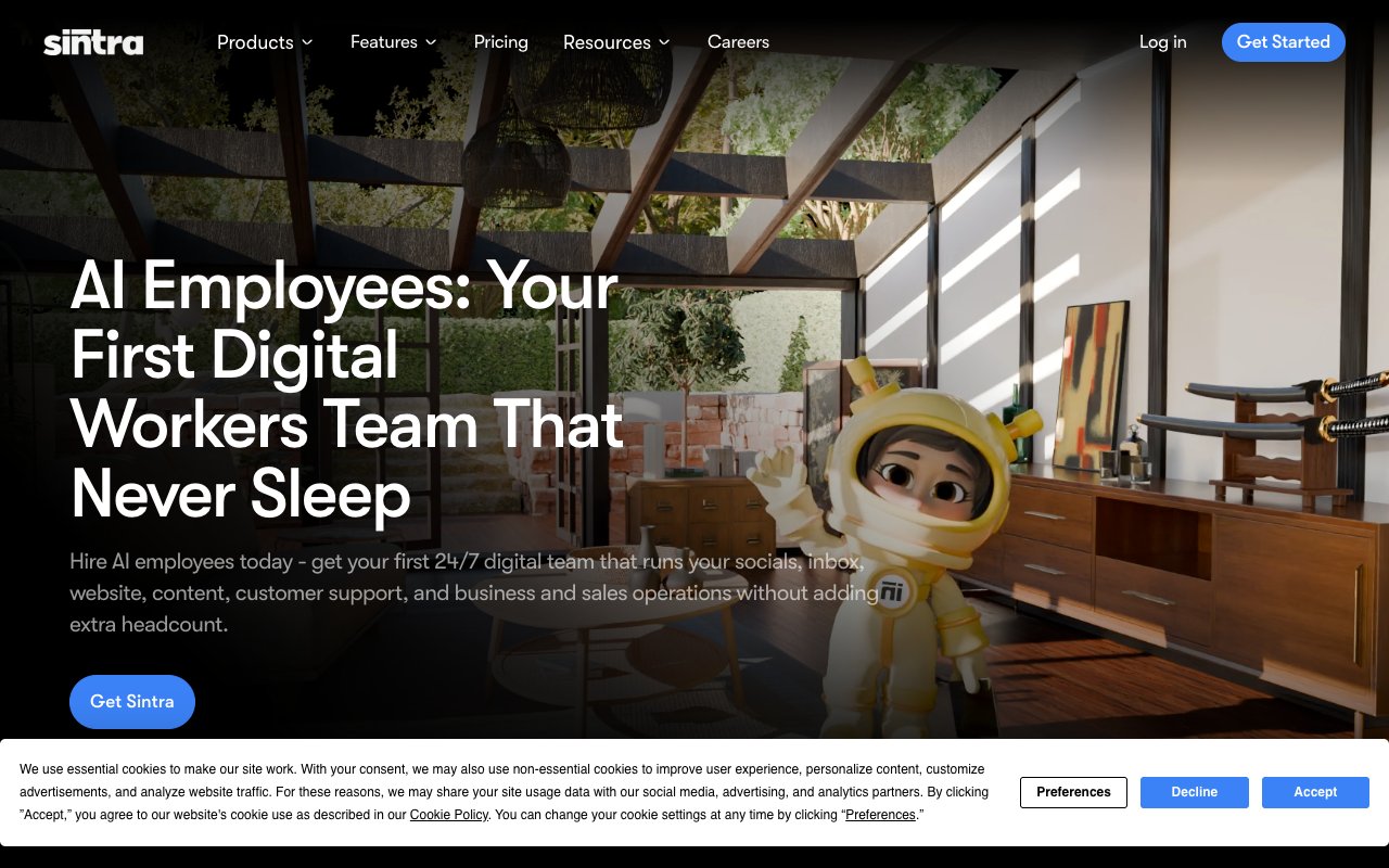 Sintra AI employee platform with role-specific agents for marketing, content, and support