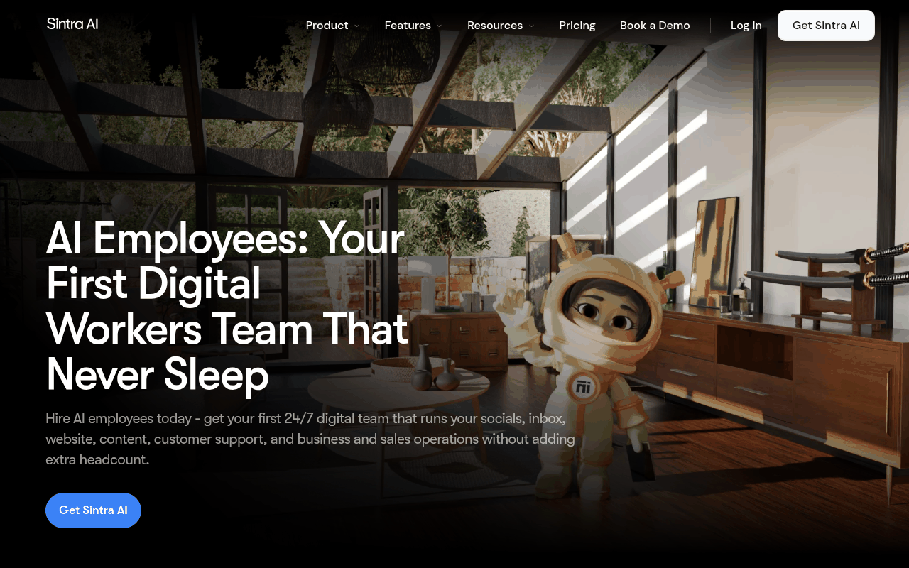 Sintra AI homepage advertising AI employees as your first digital workers team that never sleeps