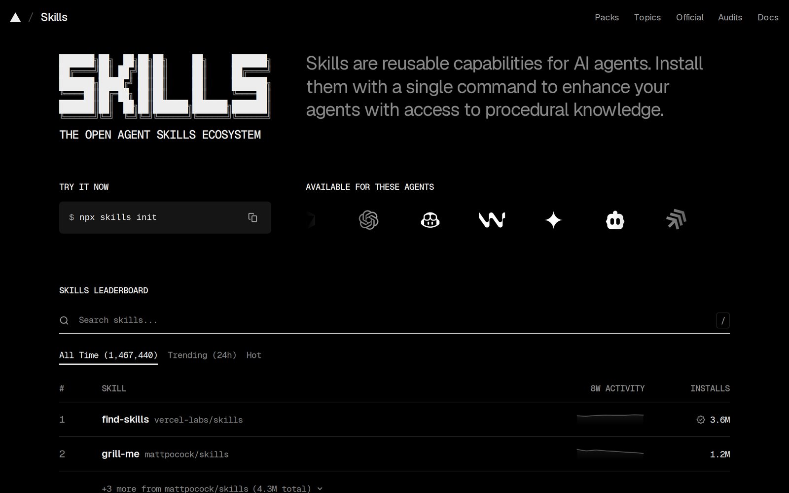 skills.sh, a public directory of community agent skills with an install leaderboard