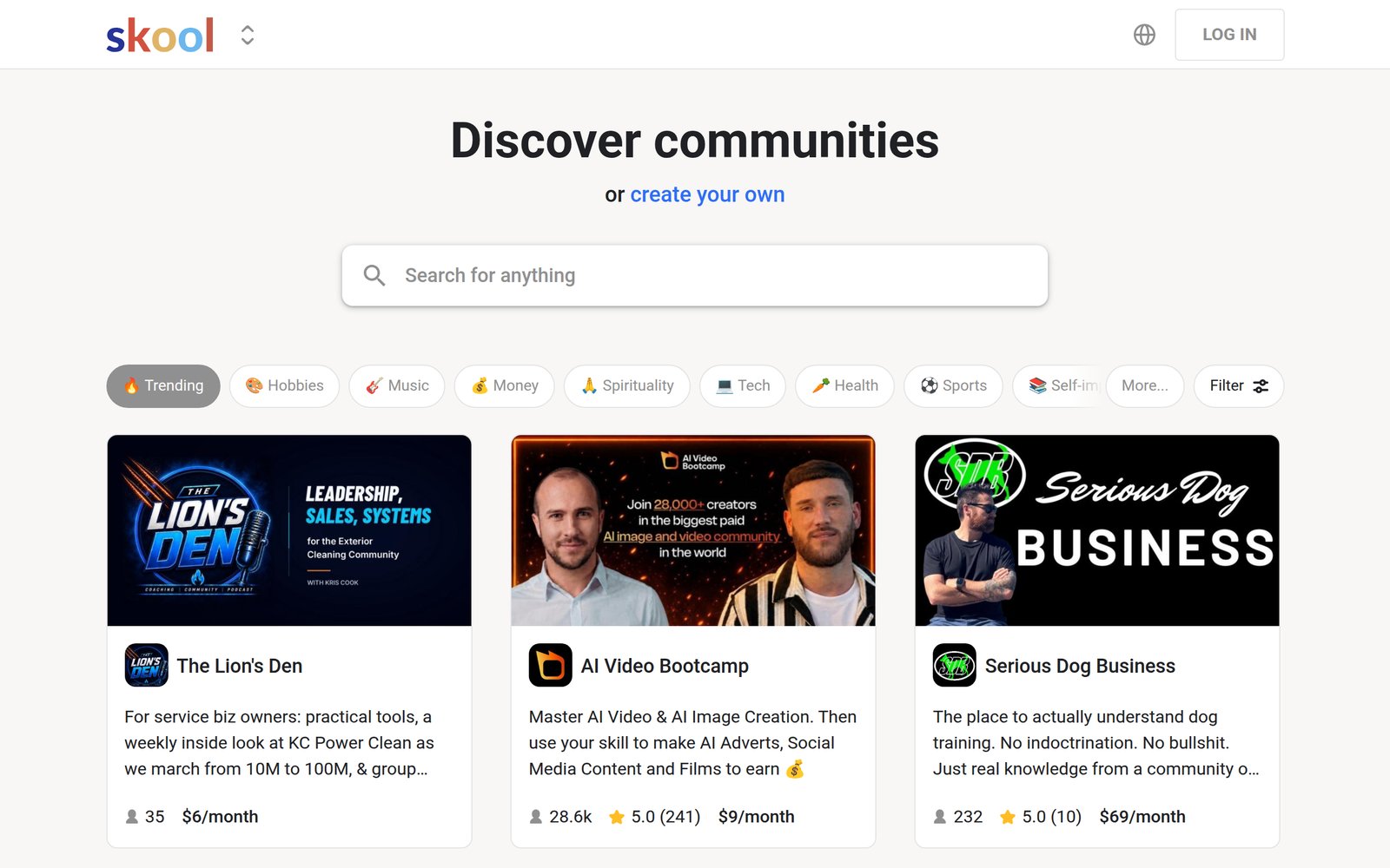Skool's community discovery page, showing paid communities with member counts and monthly pricing