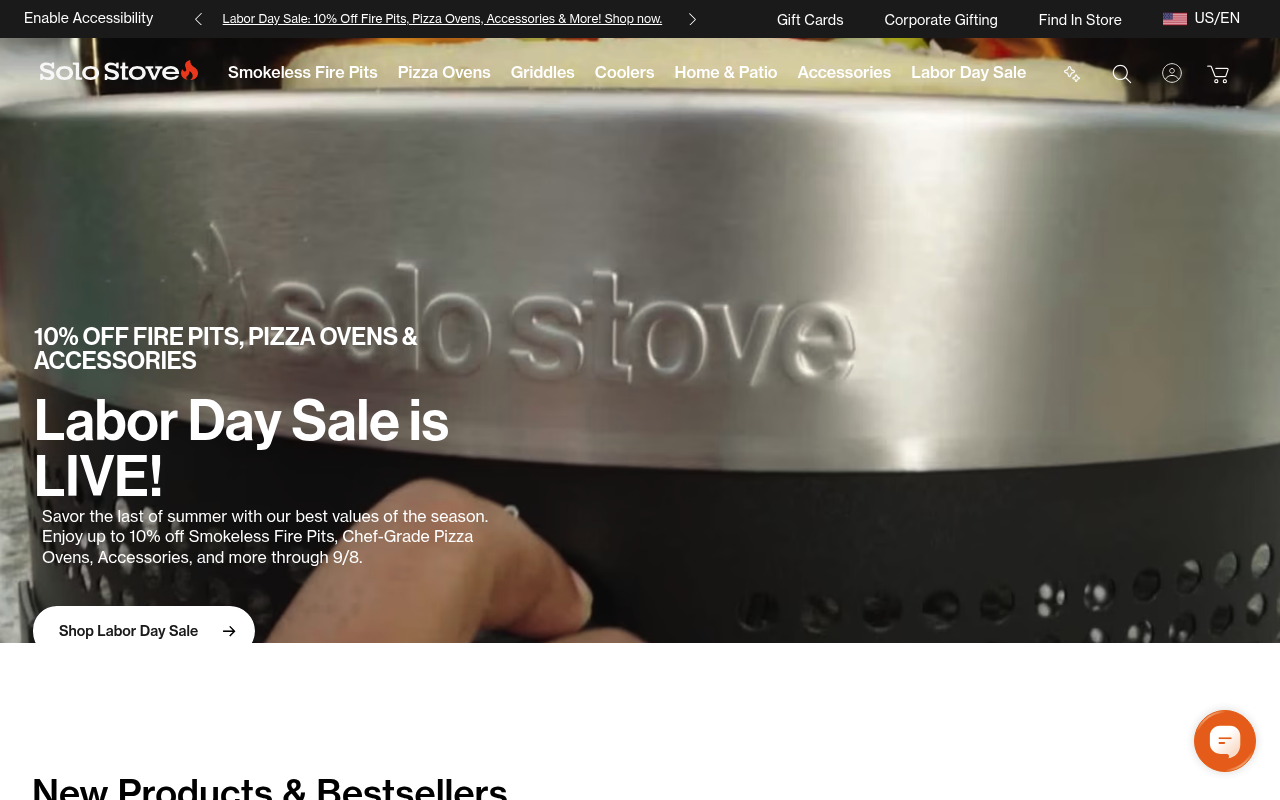 Solo Stove homepage leading with its smokeless fire pit and a direct seasonal offer