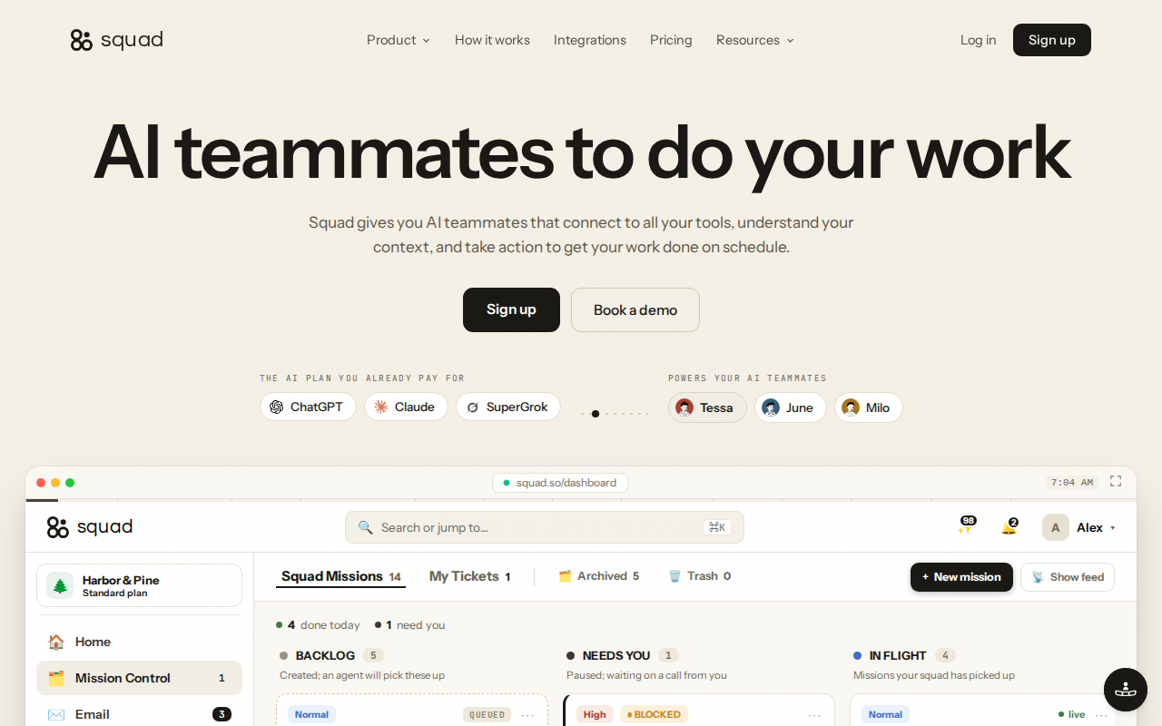 Squad homepage showing AI teammates that connect to your tools and work on a schedule, powered by the AI plan you already pay for