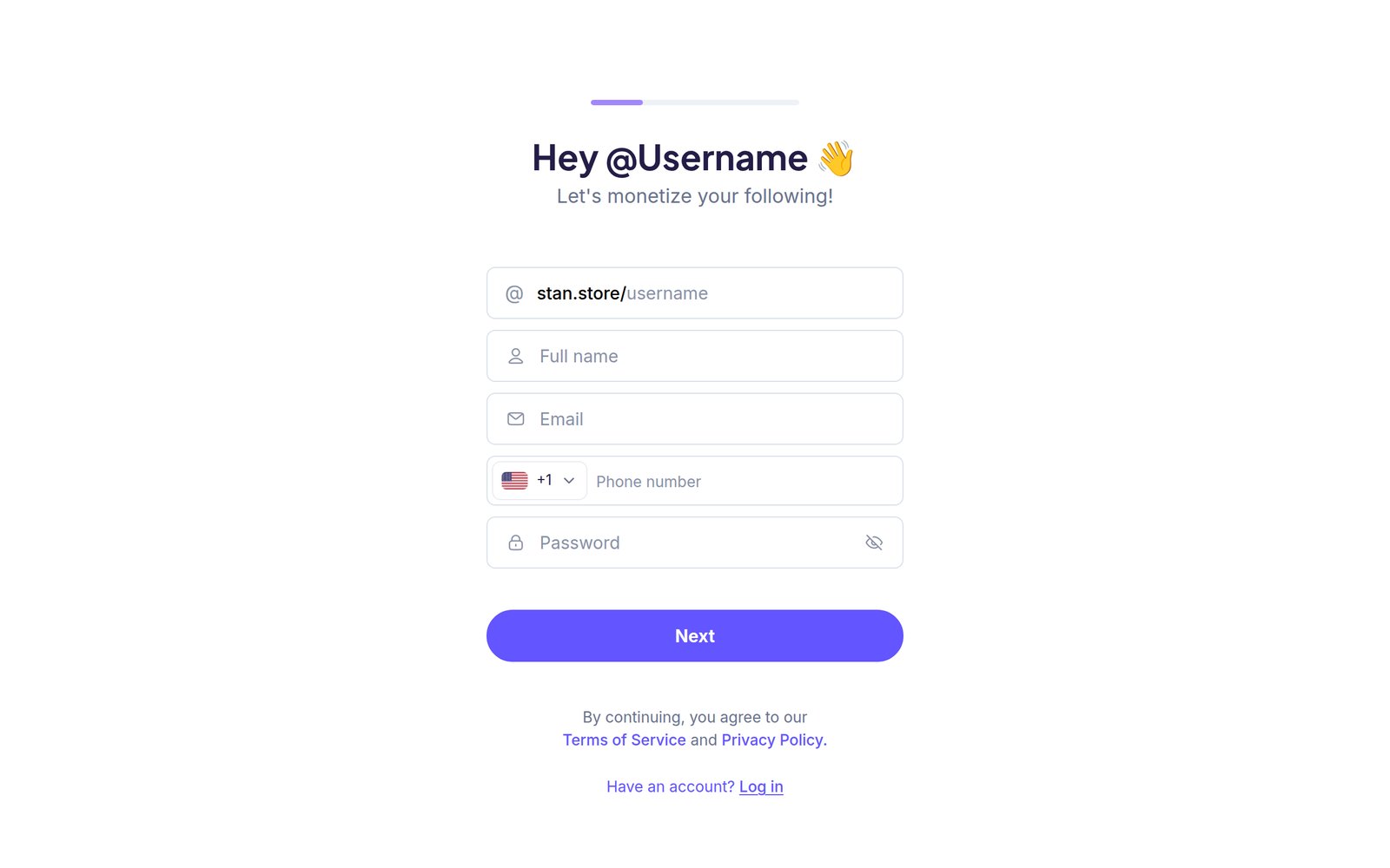Stan Store account creation screen with the tagline: let's monetize your following