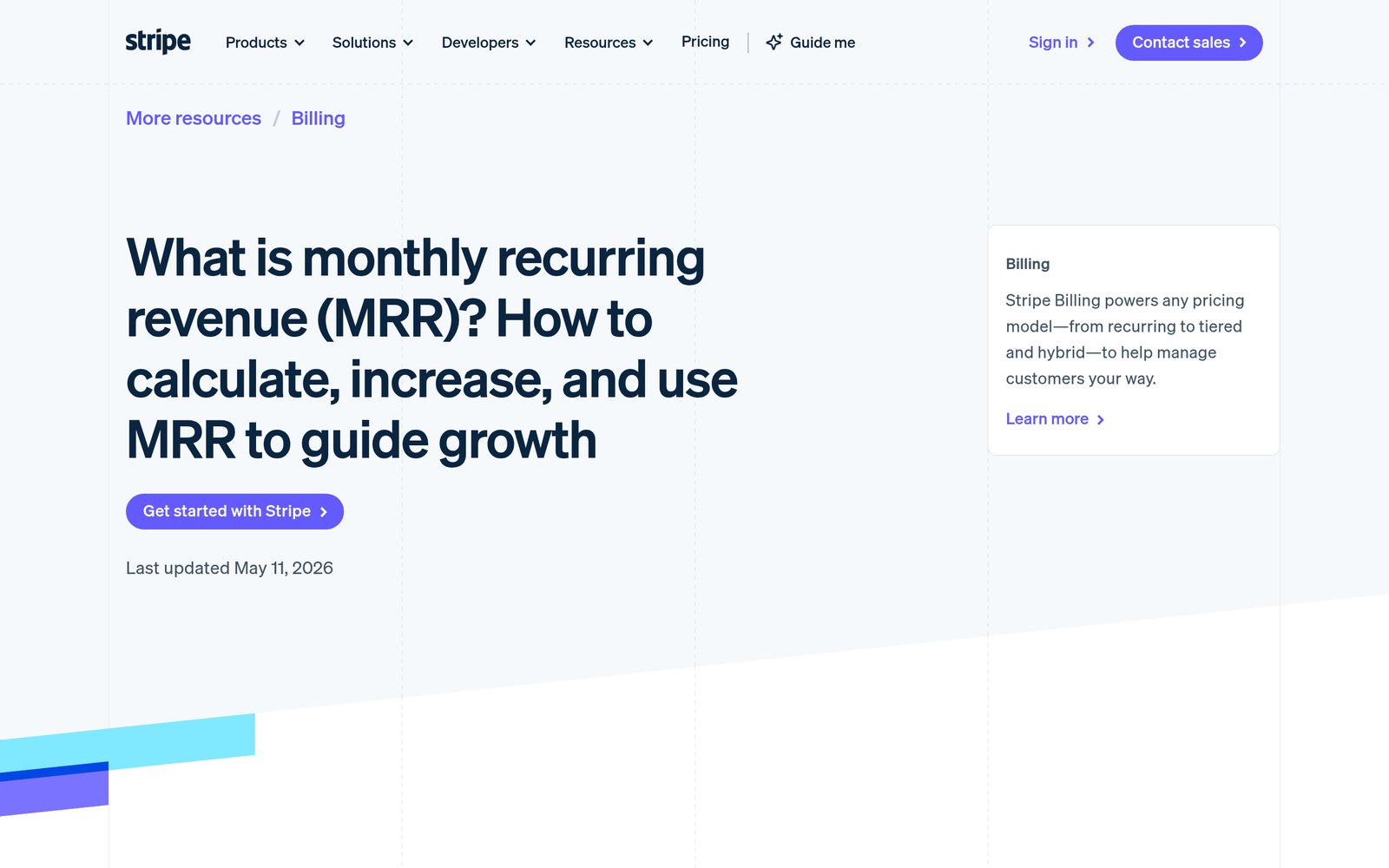 Stripe's resource page explaining monthly recurring revenue, how to calculate it, and how to use it to guide growth