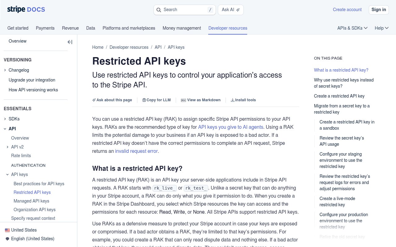 Stripe documentation on restricted API keys, recommended for API keys you give to AI agents