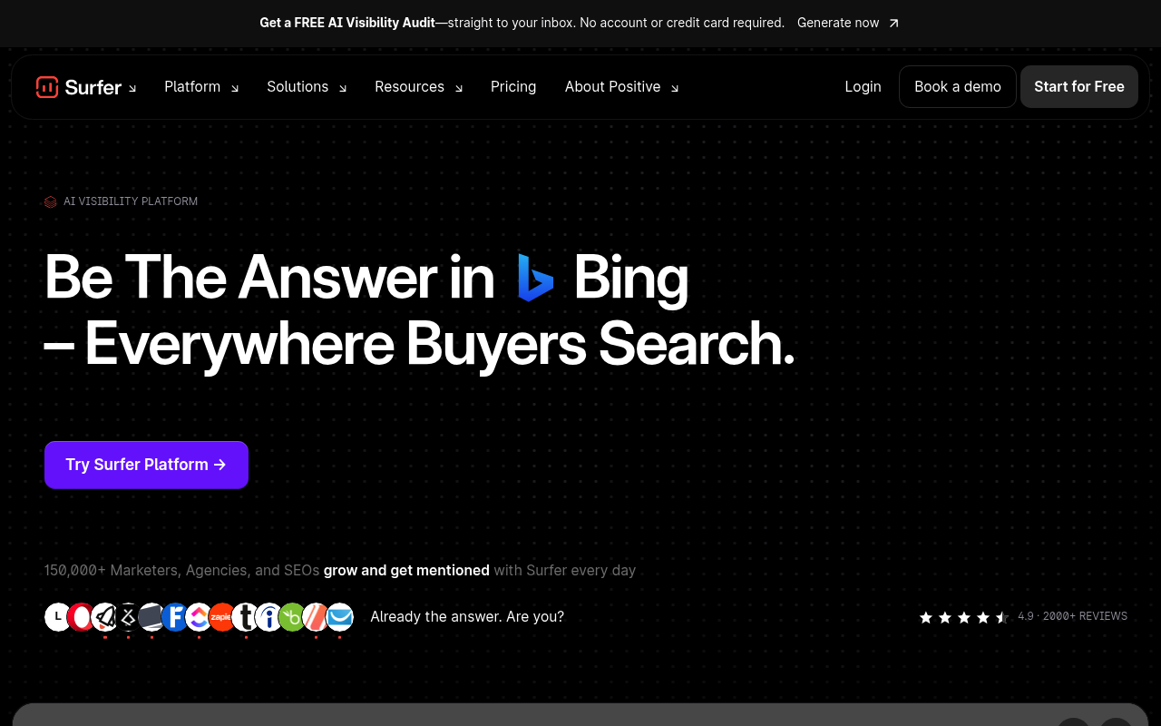Surfer homepage with the headline Be the answer everywhere buyers search