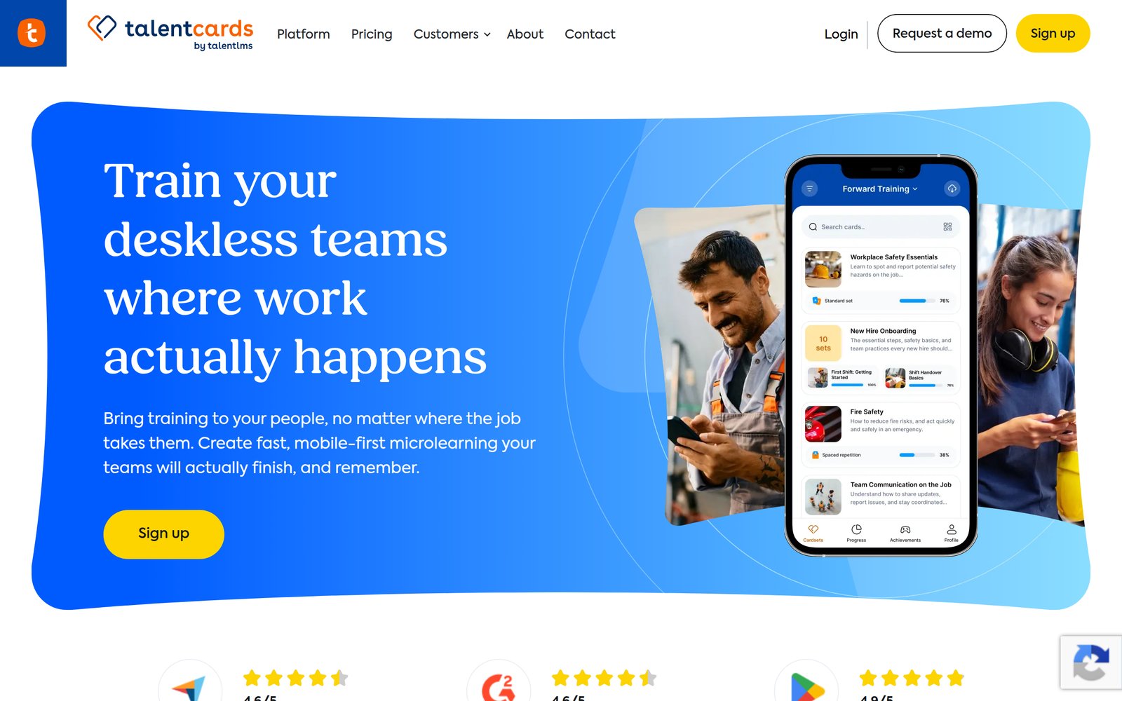 TalentCards homepage showing its mobile flashcard training app for deskless teams