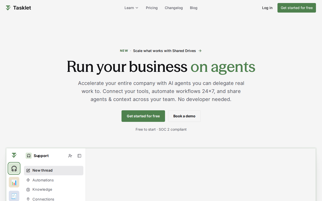 Tasklet homepage showing an AI agent platform for automating business workflows without developers