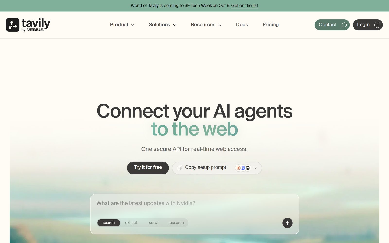 Tavily homepage, a web access API for AI agents with search, extract, crawl and research modes