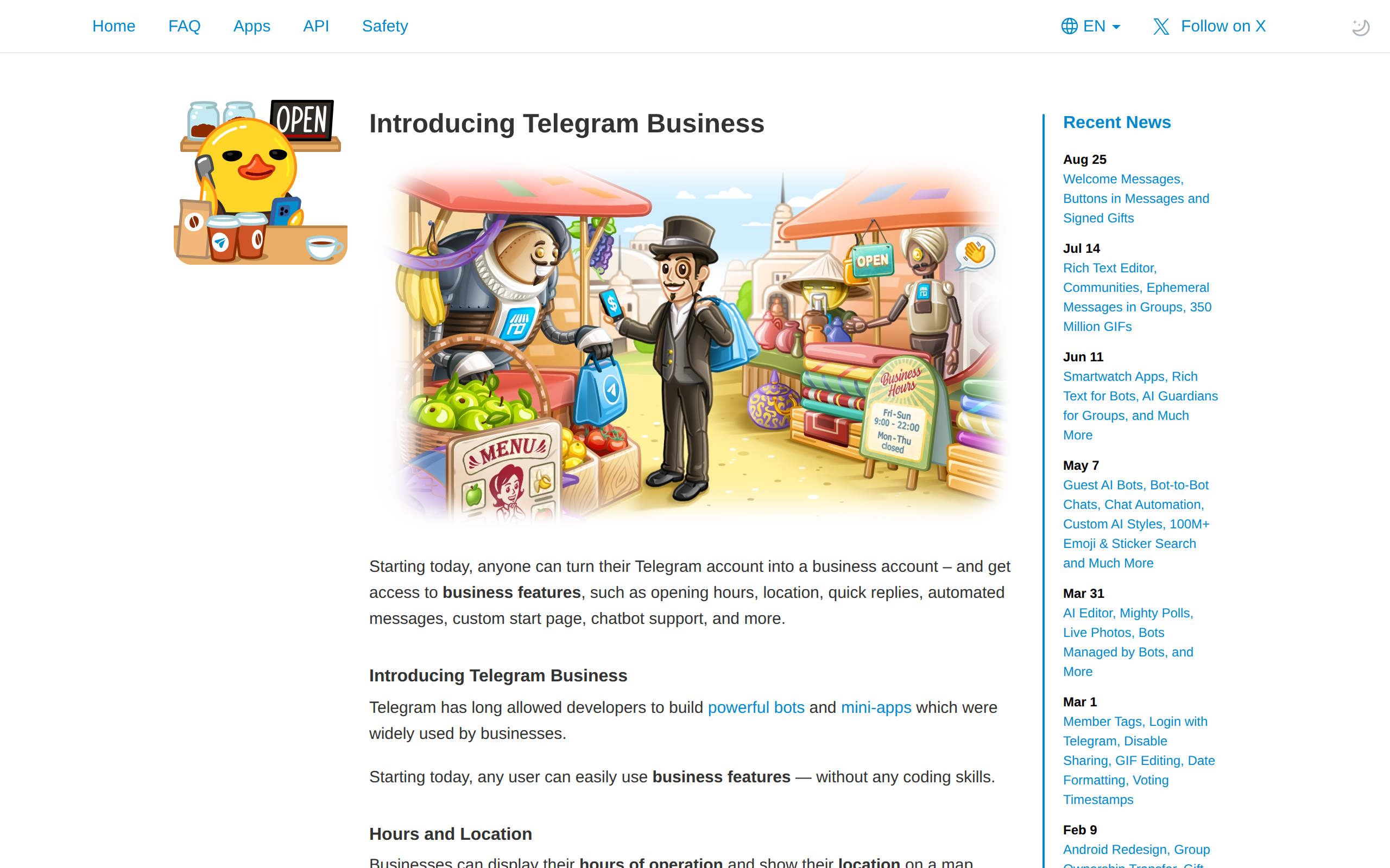 Telegram's business features announcement, covering business accounts, opening hours, and auto-replies