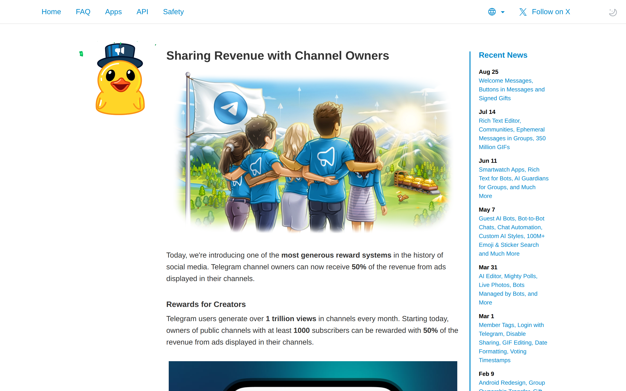 Telegram's channel monetization announcement setting out the 50% revenue share for channel owners