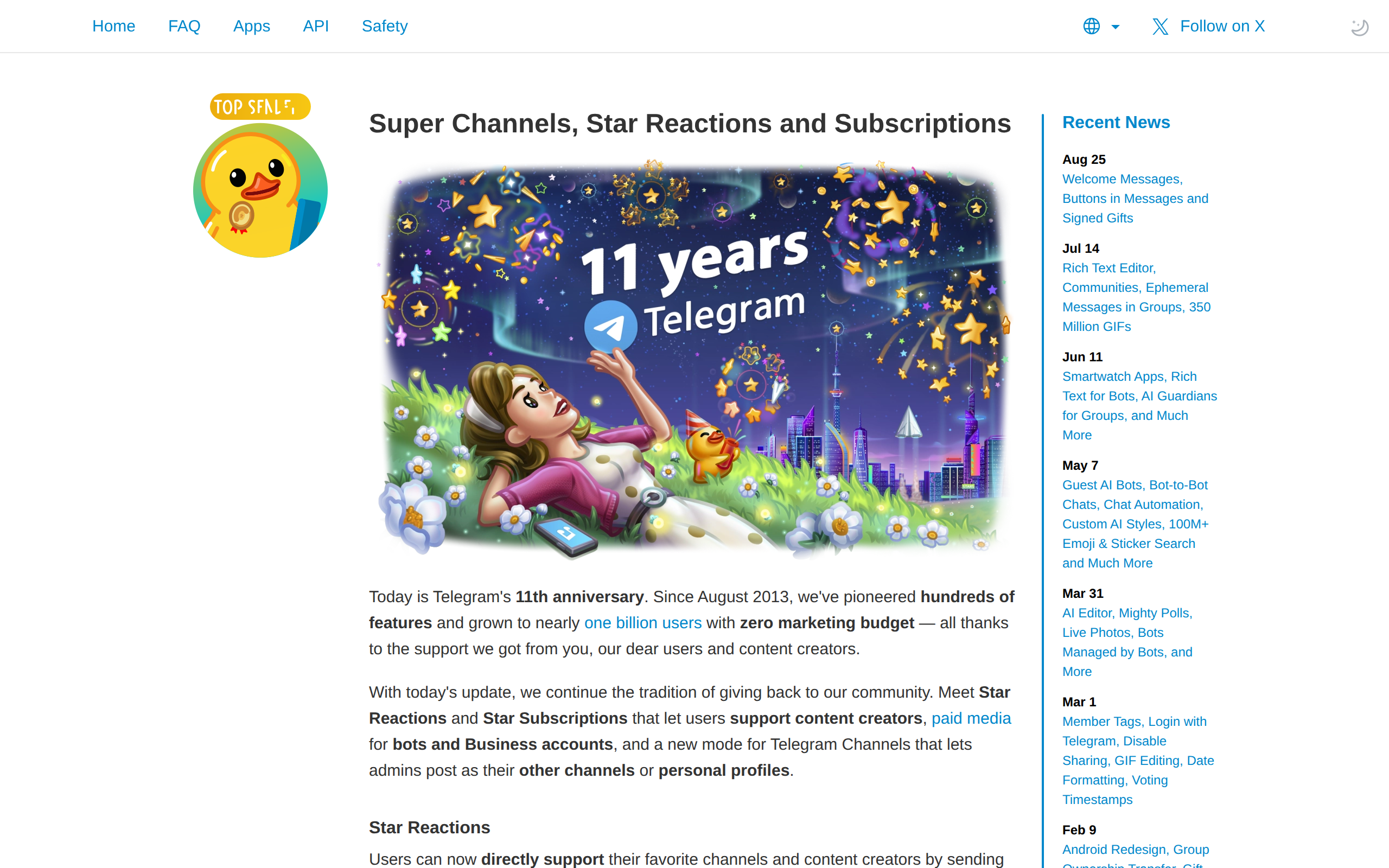 Telegram's Super Channels announcement introducing Star Reactions and paid subscriptions
