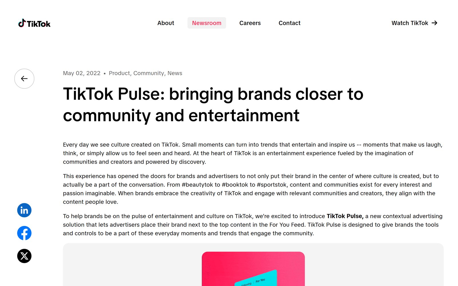 TikTok's newsroom announcement introducing TikTok Pulse as a contextual advertising solution