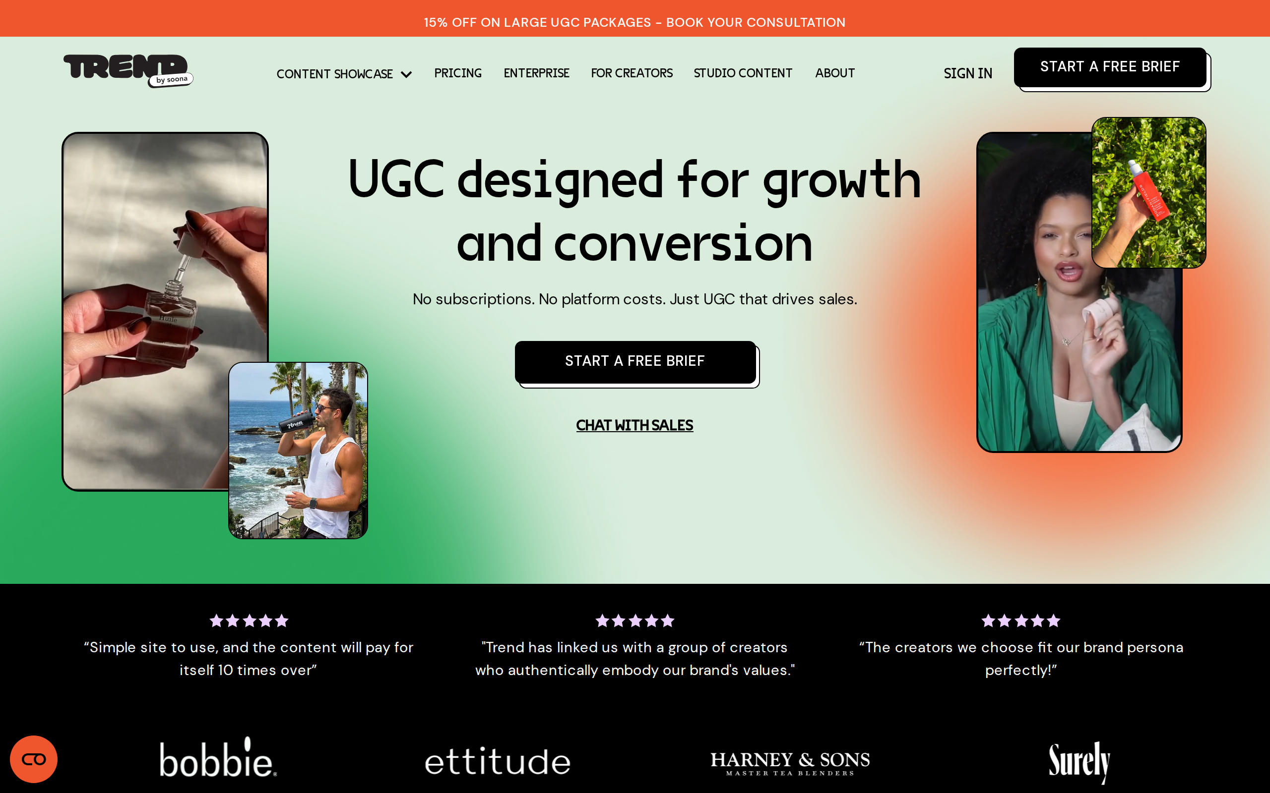 Trend.io's homepage, showing the UGC content marketplace creators build a portfolio on