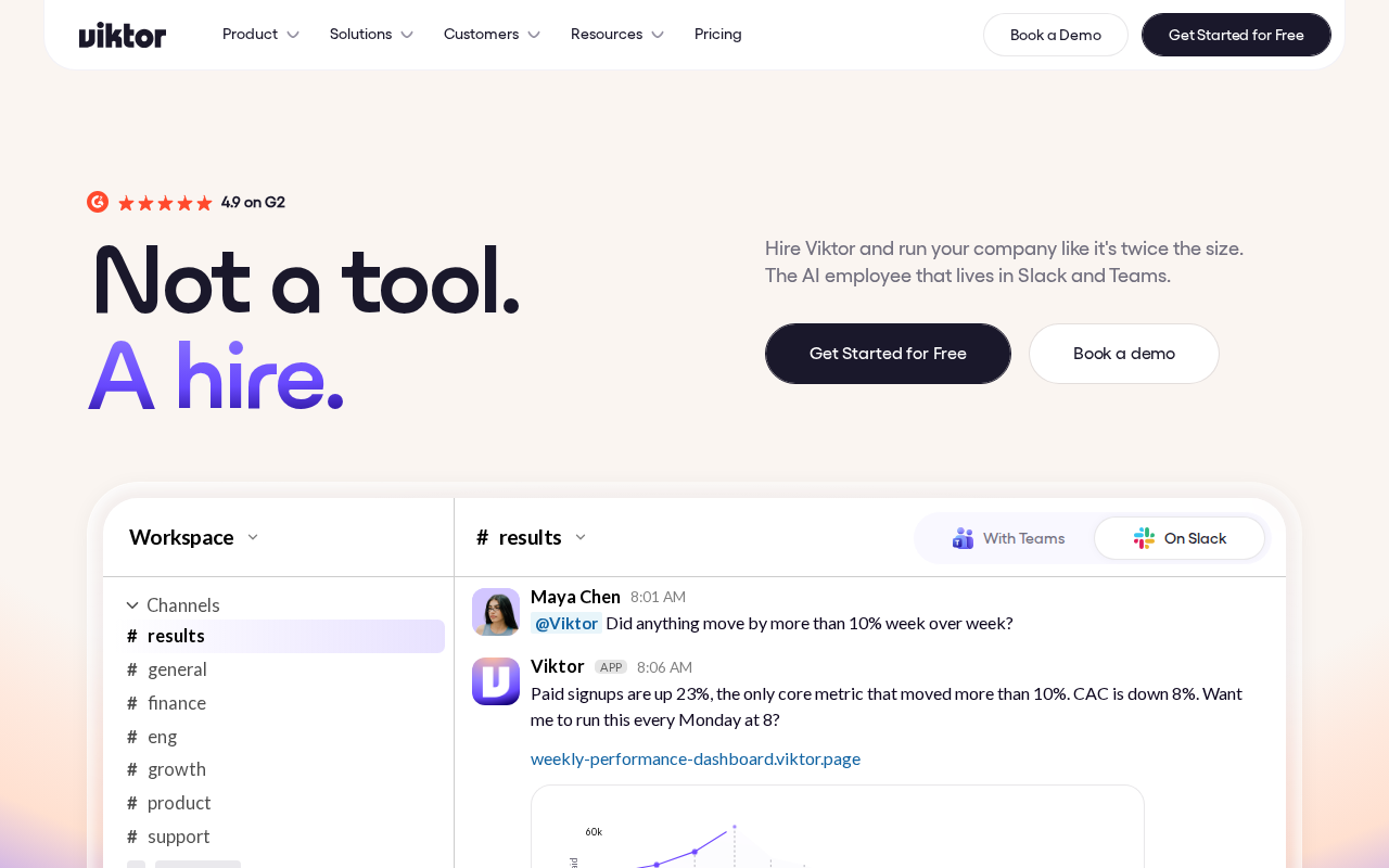 Viktor homepage describing an AI employee that lives in Slack and Microsoft Teams and connects to thousands of tools